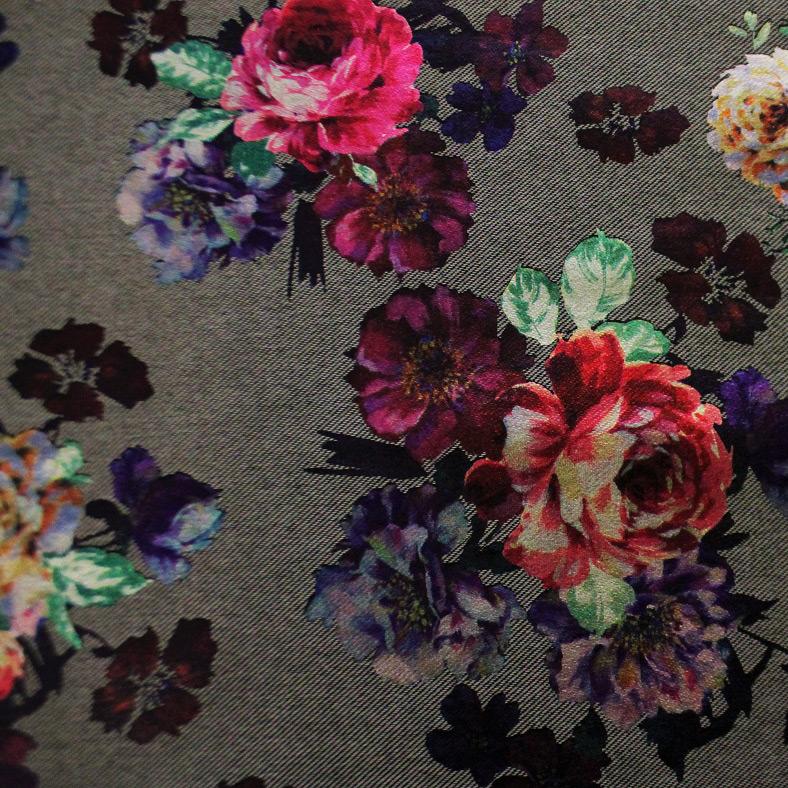 Bohemian foil printed stretch denim fabric by the yard