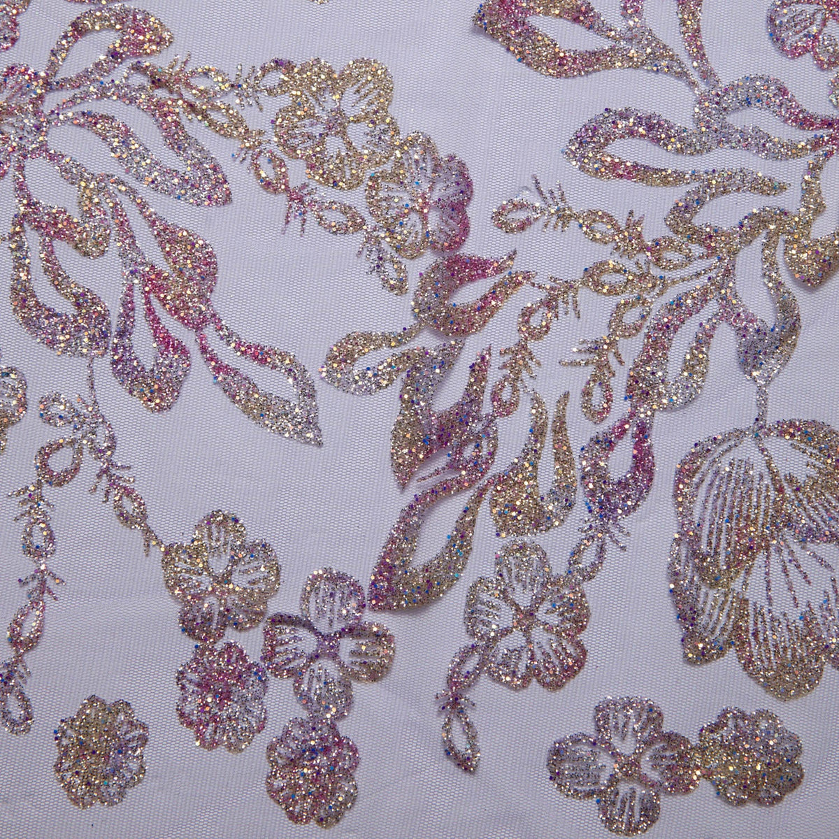 Tulle fabric with multicolour glitter and floral pattern