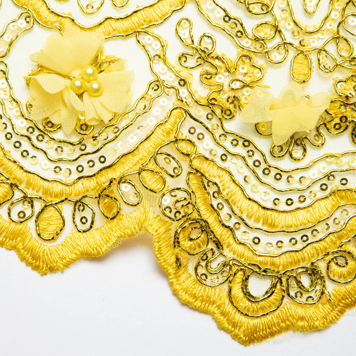 Embroidered tulle lace fabric with 3D applique in yellow