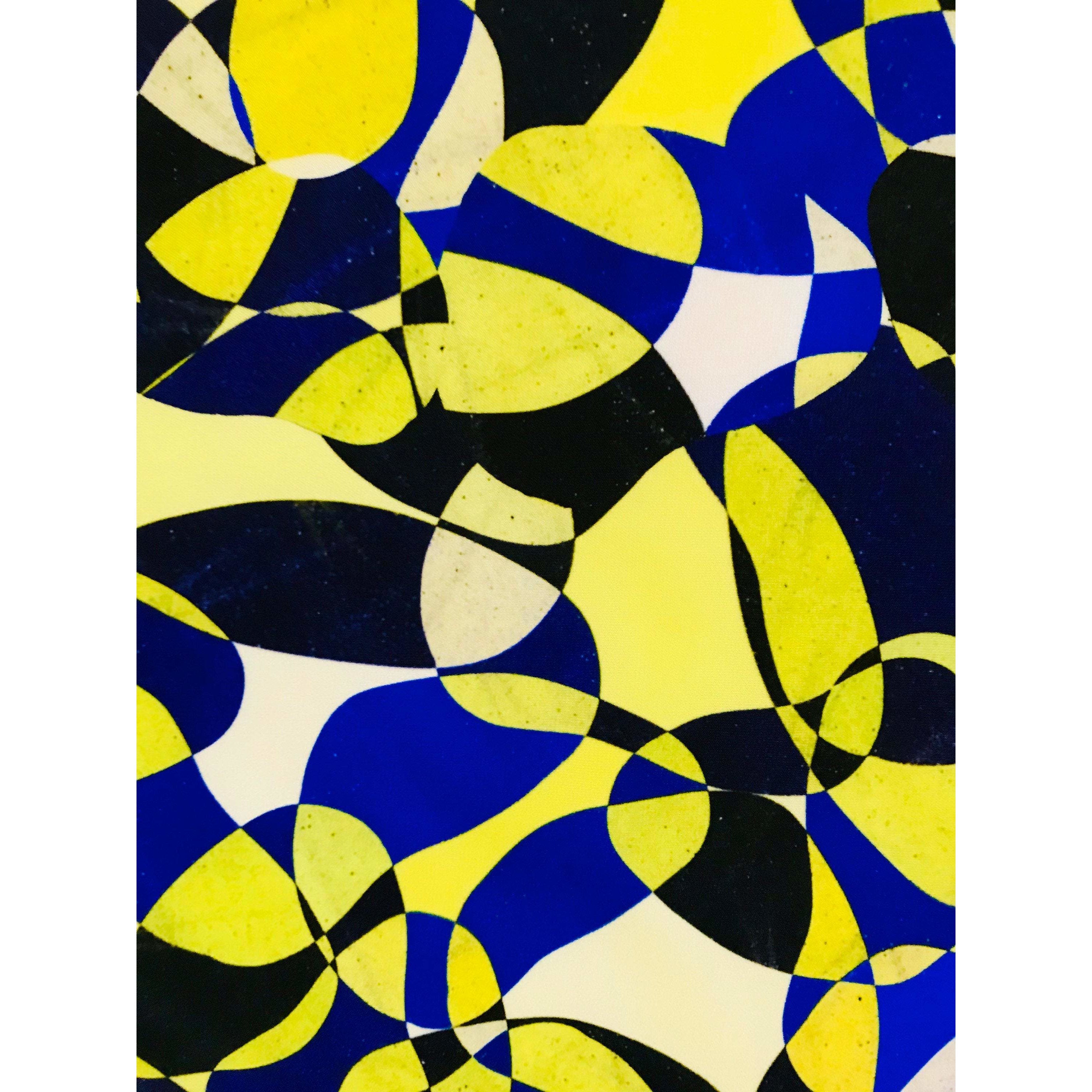 African Print, Elastic Knit Fabric - Yellow, Shades of Blue "Chiasoka", Per Yard