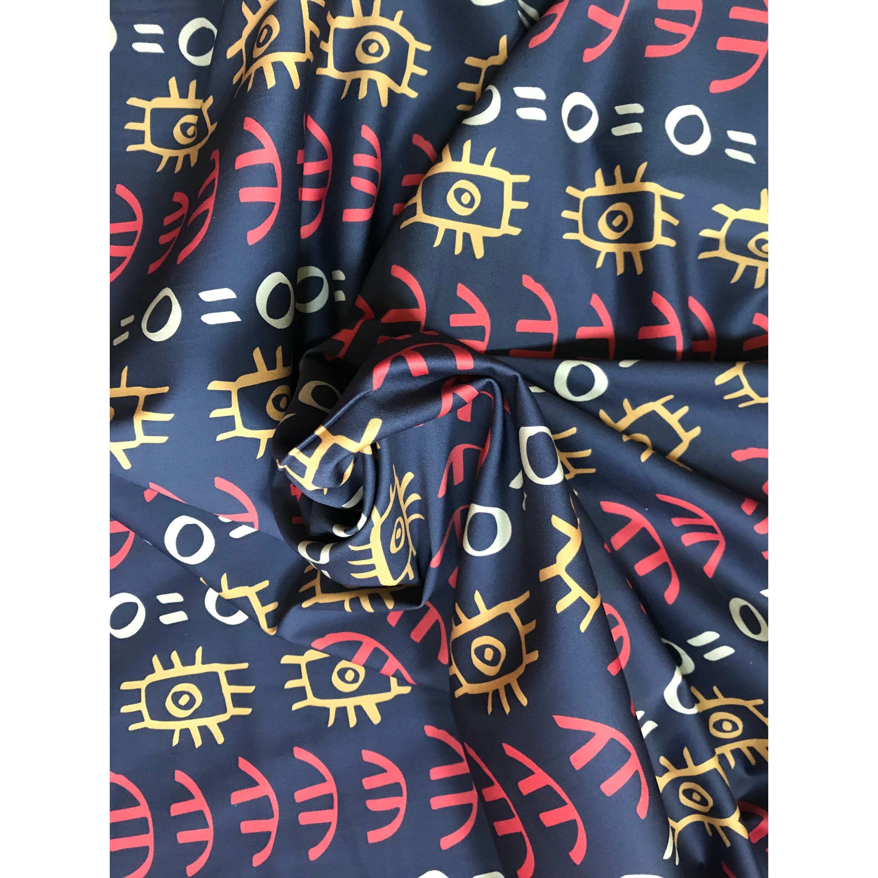 African Print, Stretch Cotton Satin Fabric- Navy, Orange, Marigold, Beige “Abimbola”, Per Yard