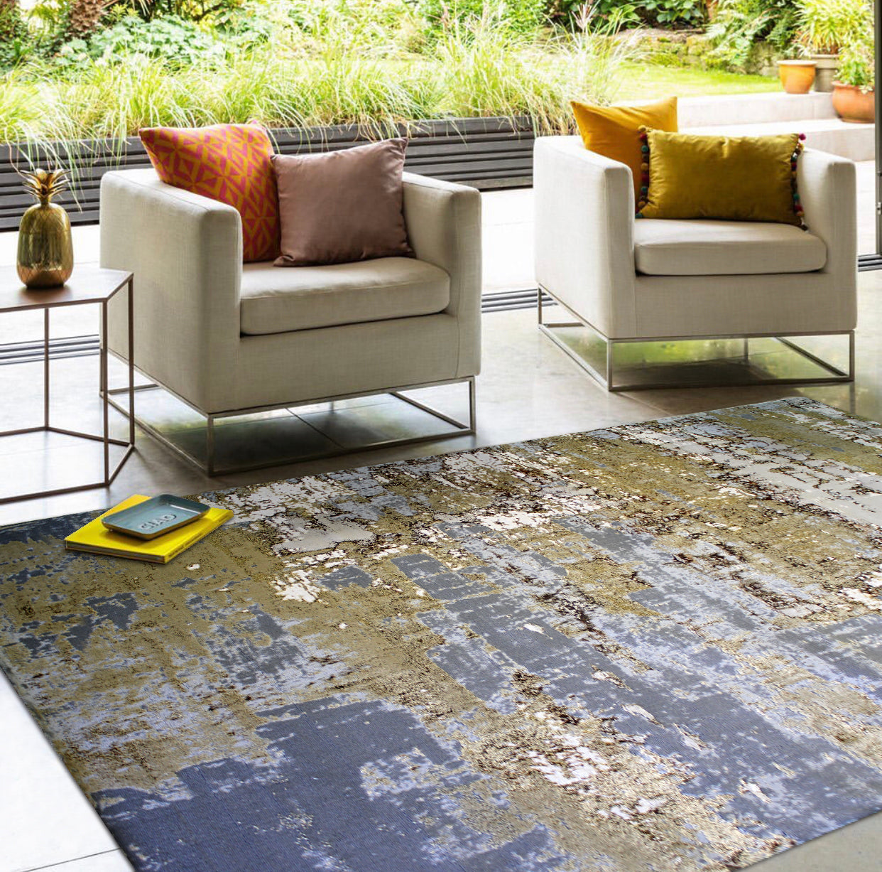 Polyester Beige/Golden Watercolor Viscose Blend Abstract Designed Rug/Carpet - Style# Maximus 185 - Color-Changing Flat Weave Rug