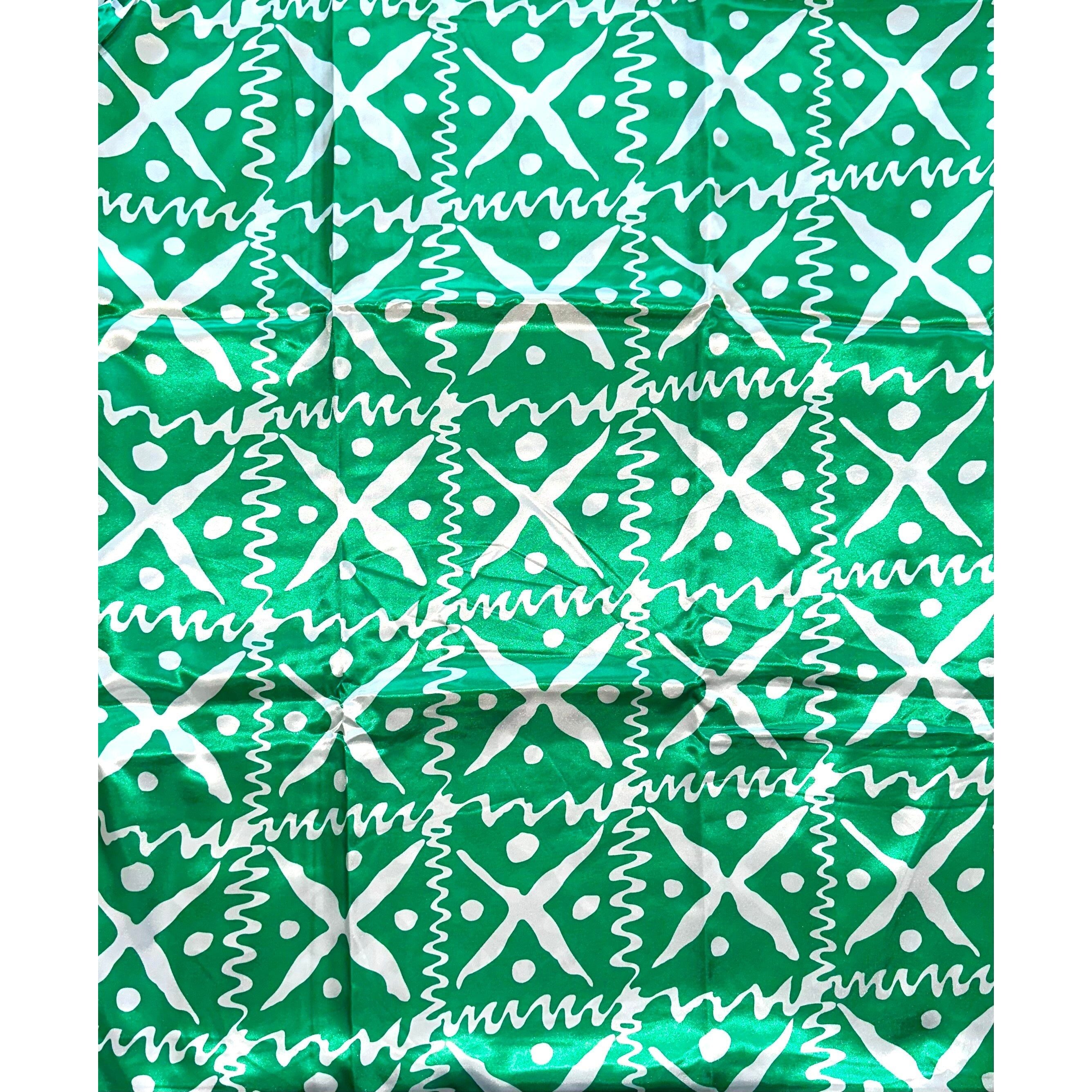 African Print, Satin Fabric- Green, White "Naija To The Max", Per Yard or Wholesale