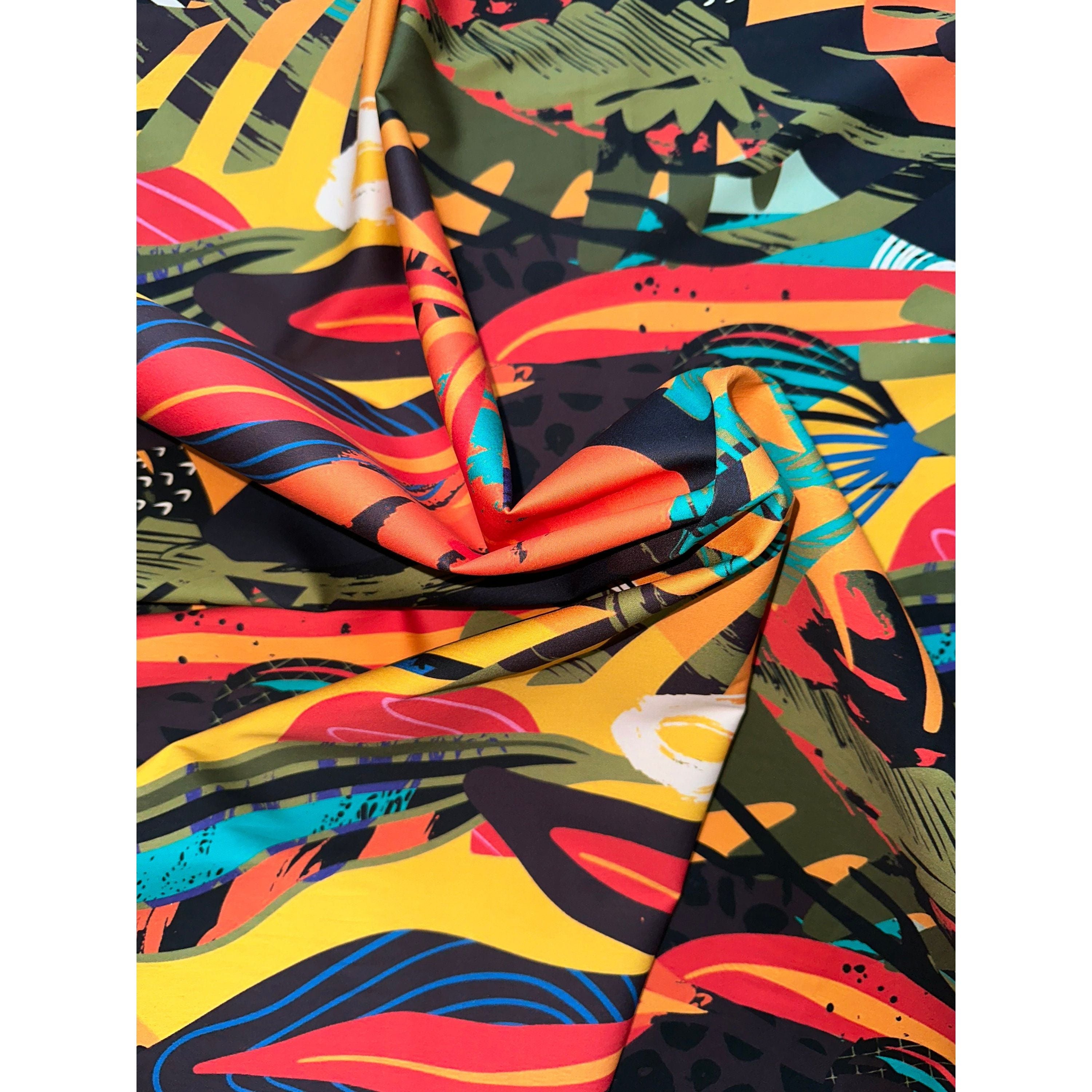 African Print, Stretch Cotton Satin Fabric- Orange, Yellow, Teal, Green, Blue, Black "Kalahari Camo", Per Yard