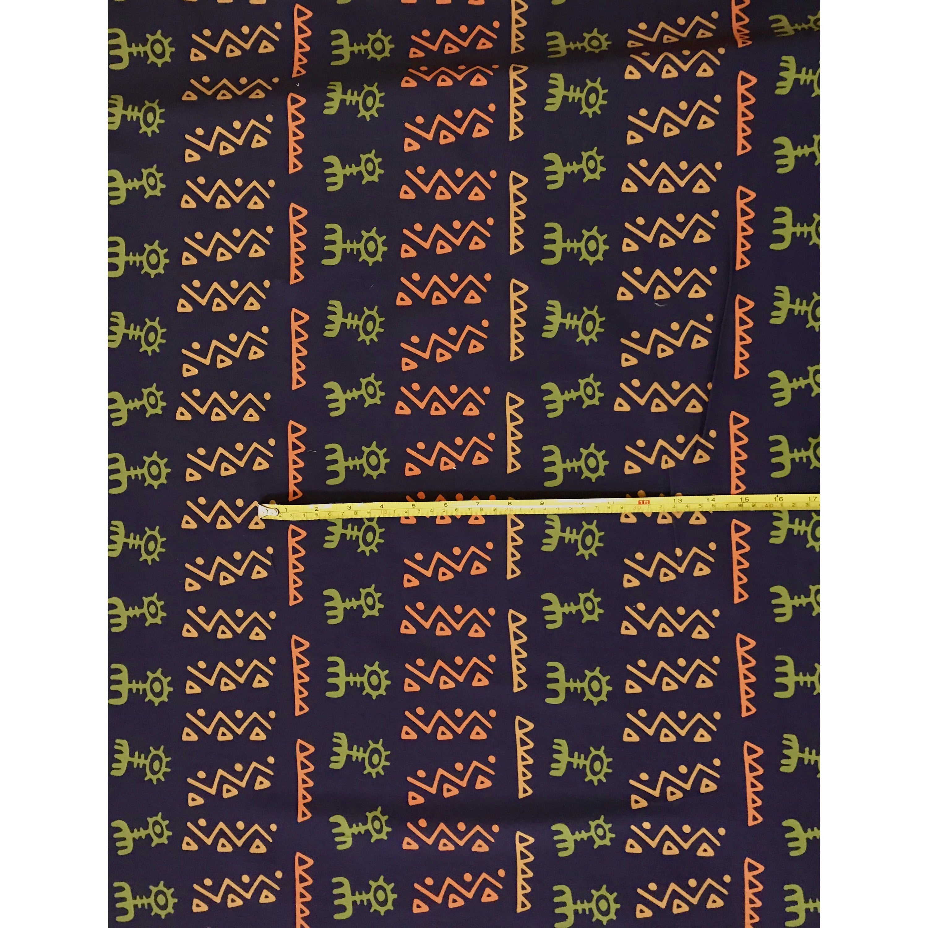 African Print, Stretch Cotton Satin Fabric- Navy, Orange, Green "Adewale" Per Yard