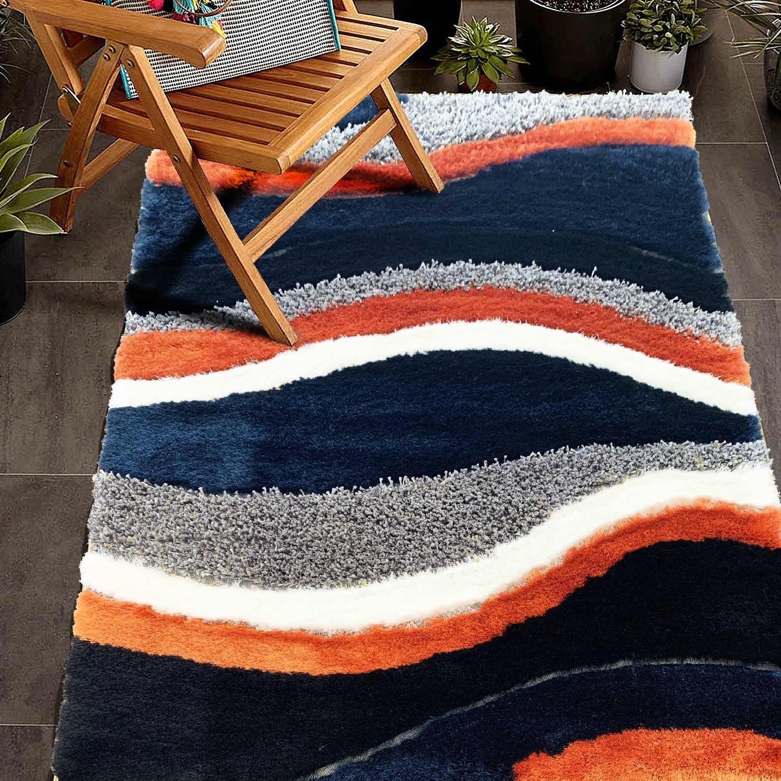 Orange Rust Navy Plush Fluffy Soft Multi Textural Shag Area Rug/ Carpet
