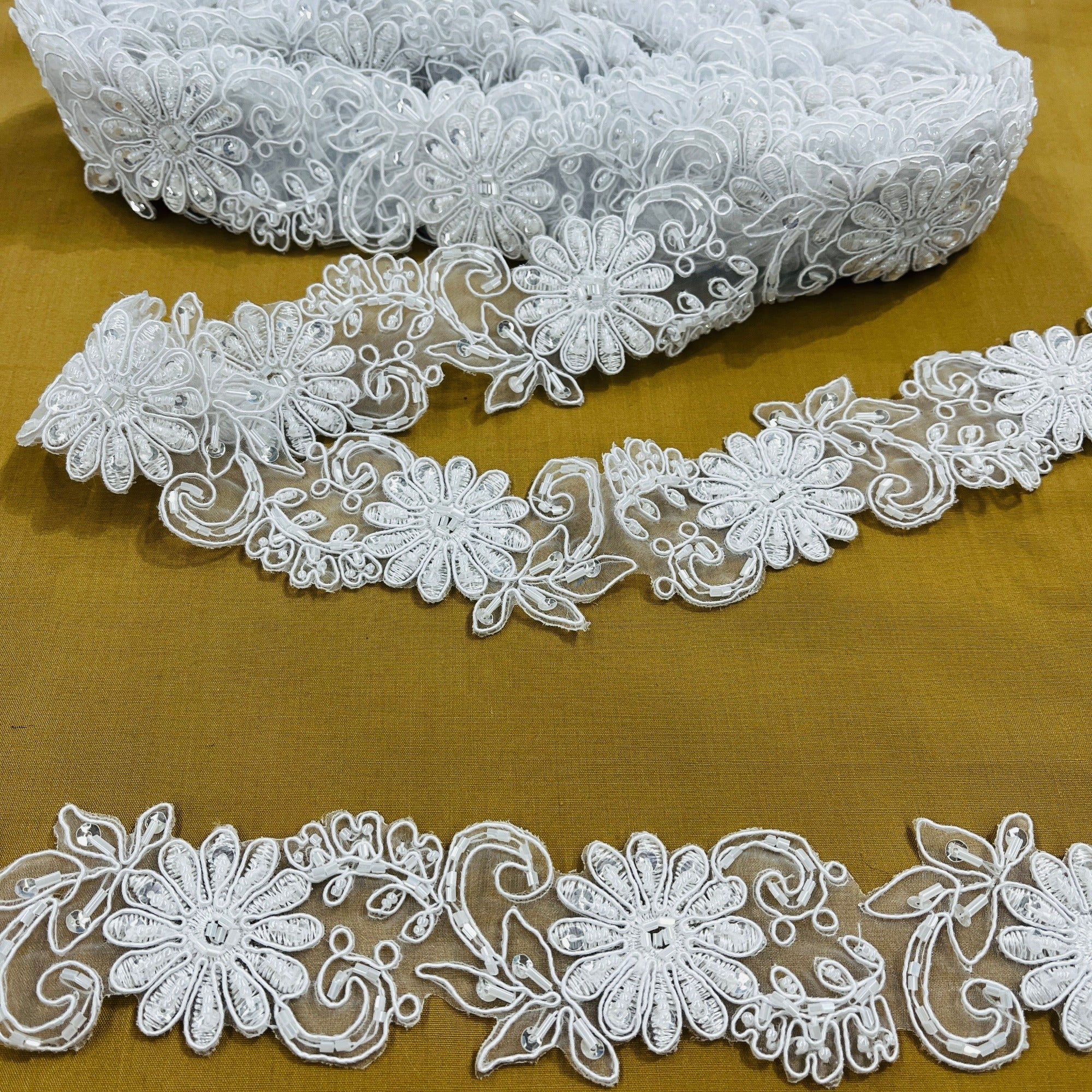 Beaded & Corded Lace Trimming Embroidered on 100% Polyester Organza | Lace USA - 96275N-BP