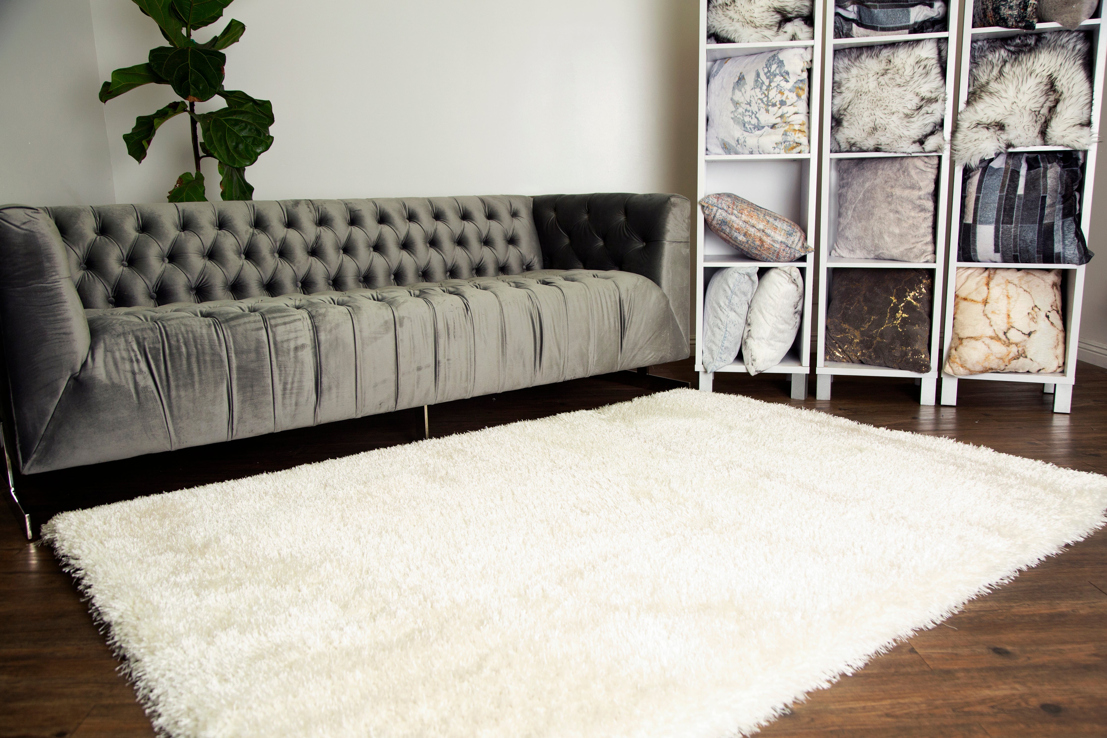 Off White Solid Shag Area Rug/Carpet - Crafted from 100% Polyester, Plush Fluffy Shine, Thick and Thin Yarns Design