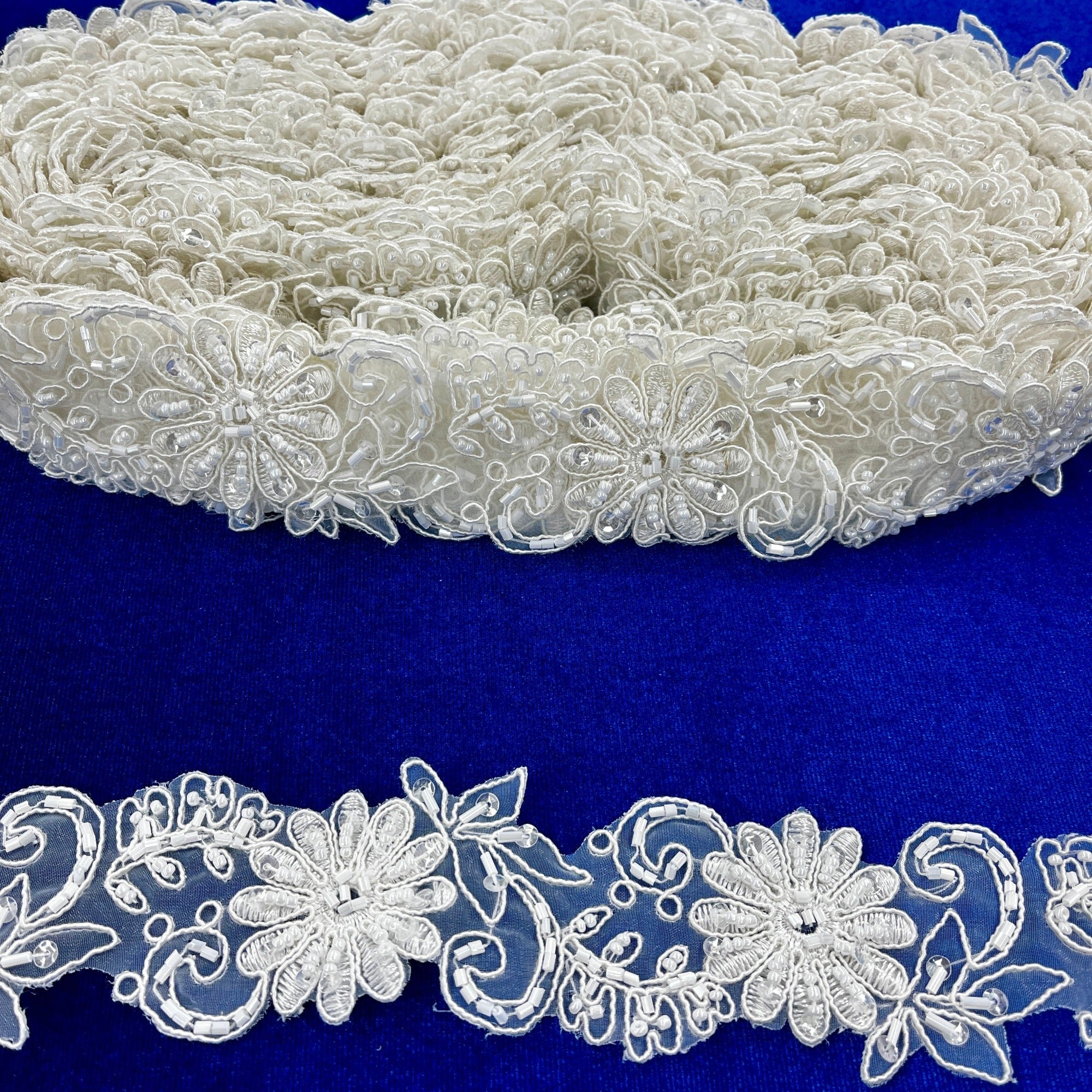 Beaded & Corded Lace Trimming Embroidered on 100% Polyester Organza | Lace USA - 96275N-BP