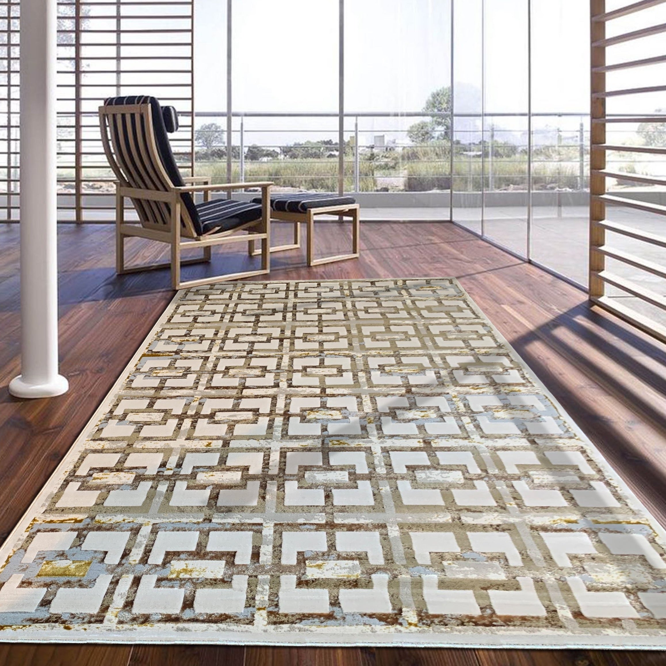 Polyester Gold Viscose Blend Geometric Design Print Rug/Carpet - Style# Maximus 200 - Color-Changing Flat Weave Rug