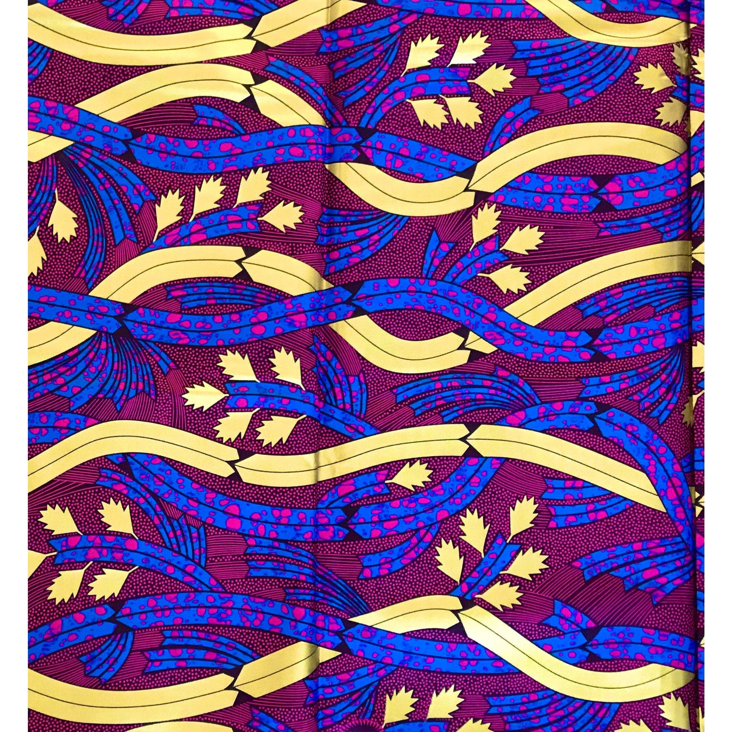 African Print Fabric/ Ankara - Magenta, Blue, Shimmering Gold 'Dinah' Design, YARD or WHOLESALE