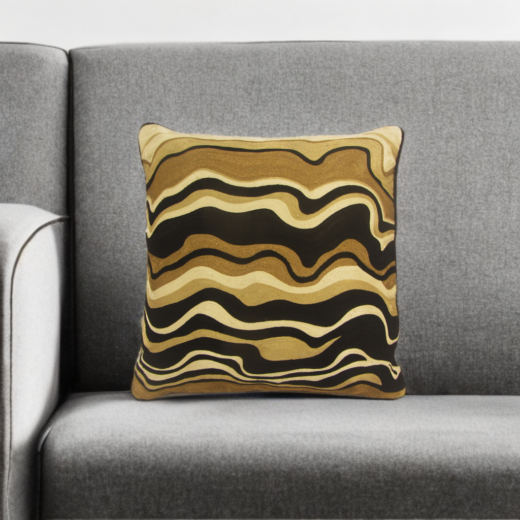 Black Velvet Throw Pillow with Bronze, Black, Beige & Ivory Abstract Embroidery - SEV005.
