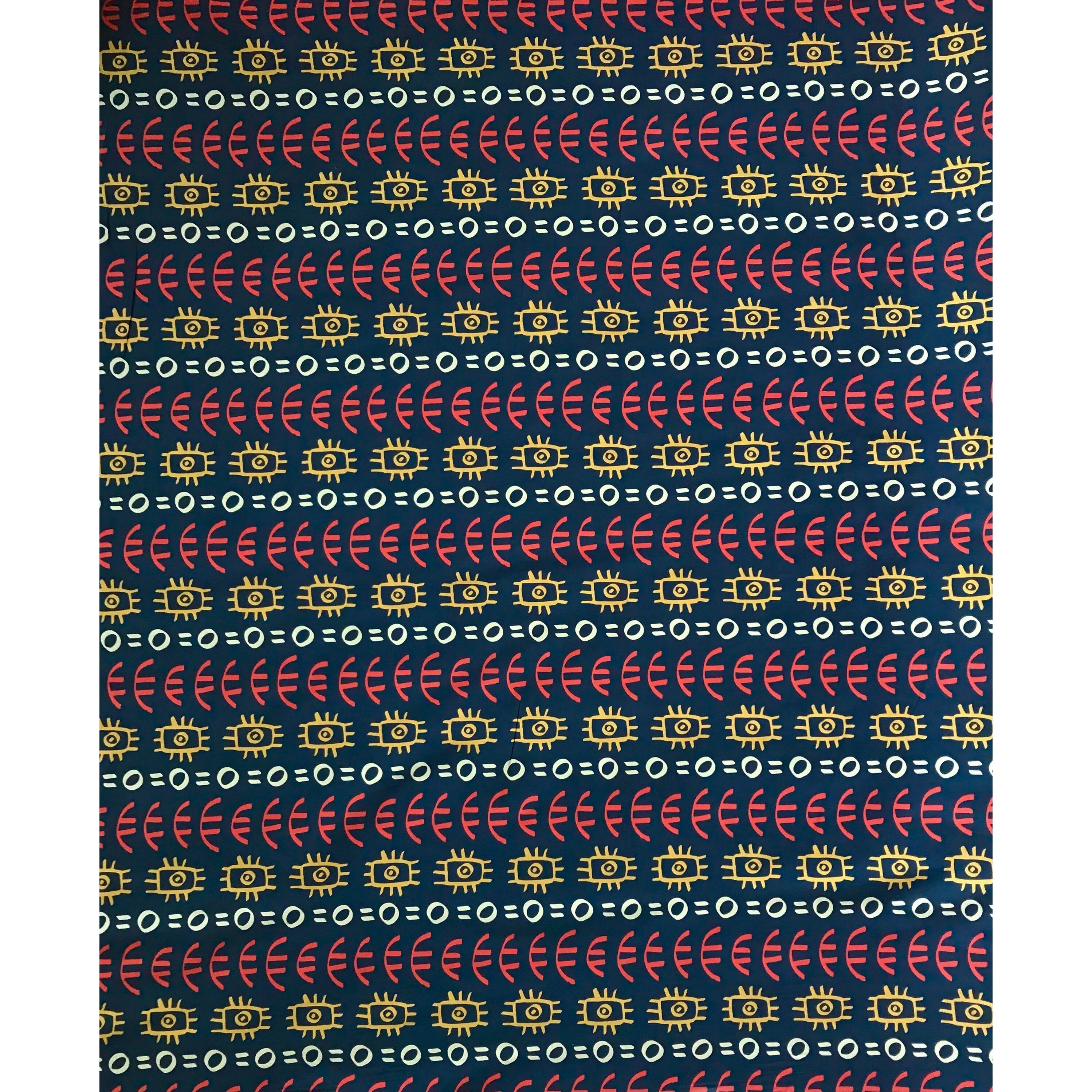 African Print, Stretch Cotton Satin Fabric- Navy, Orange, Marigold, Beige “Abimbola”, Per Yard