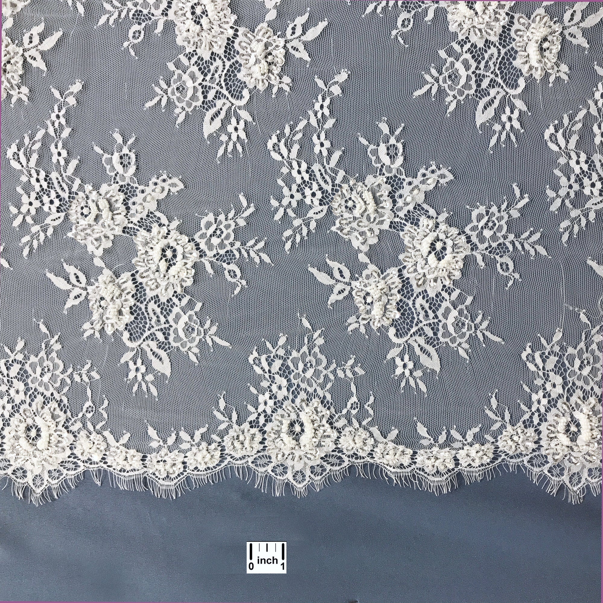 Beaded Chantilly Embroidered Lace Fabric with Eyelash Scallop - 3 Yards | Lace USA - 68139W-BP