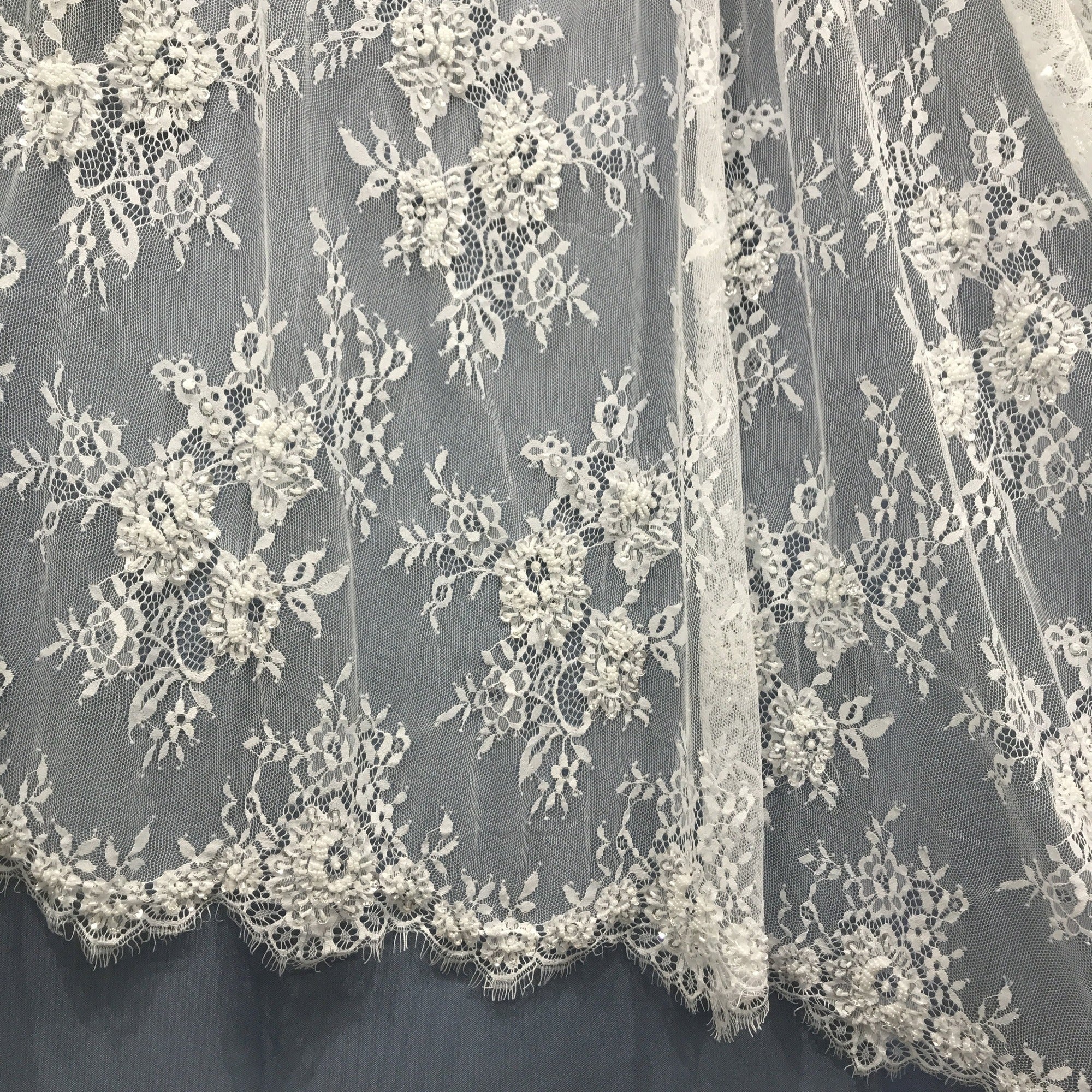Beaded Chantilly Embroidered Lace Fabric with Eyelash Scallop - 3 Yards | Lace USA - 68139W-BP