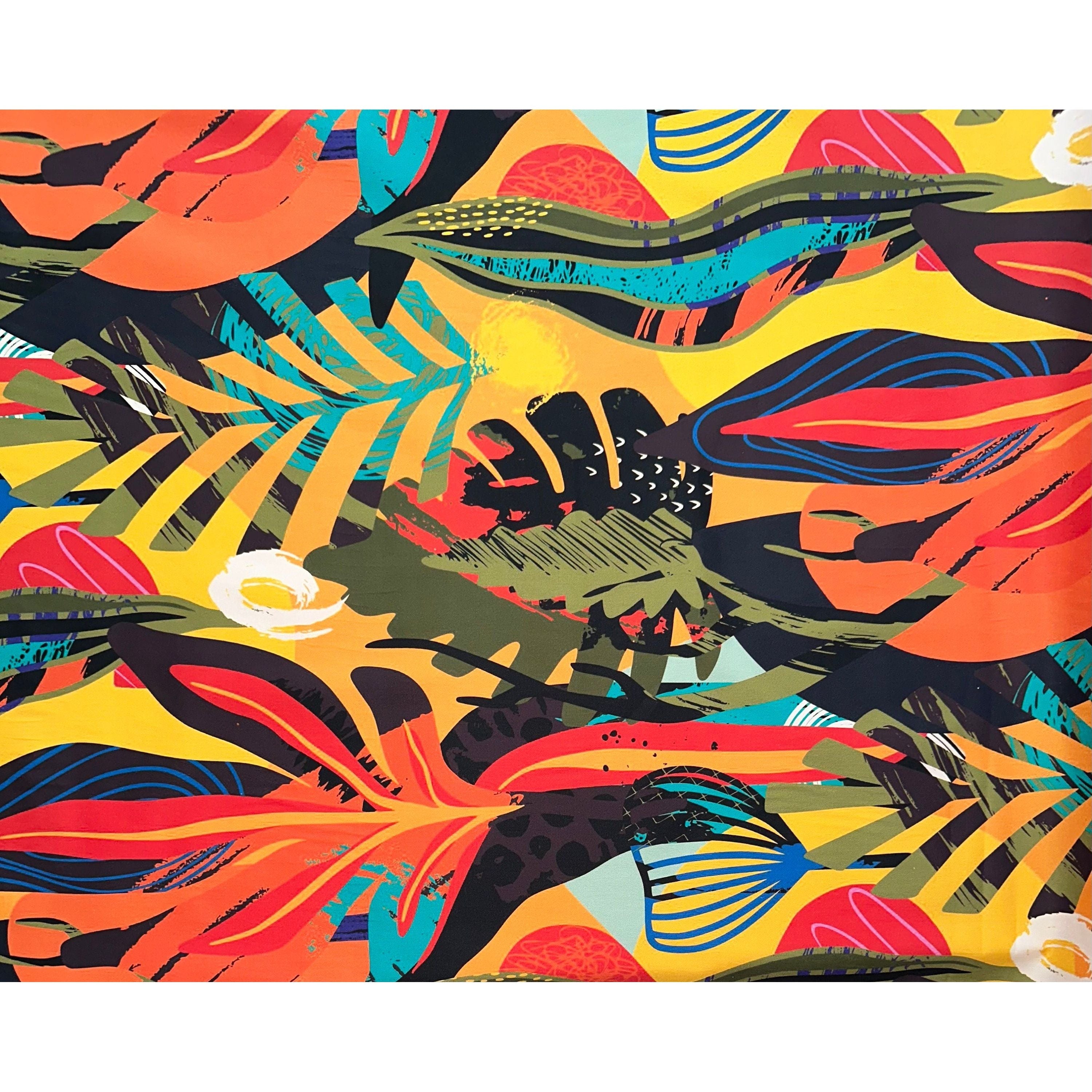 African Print, Stretch Cotton Satin Fabric- Orange, Yellow, Teal, Green, Blue, Black "Kalahari Camo", Per Yard