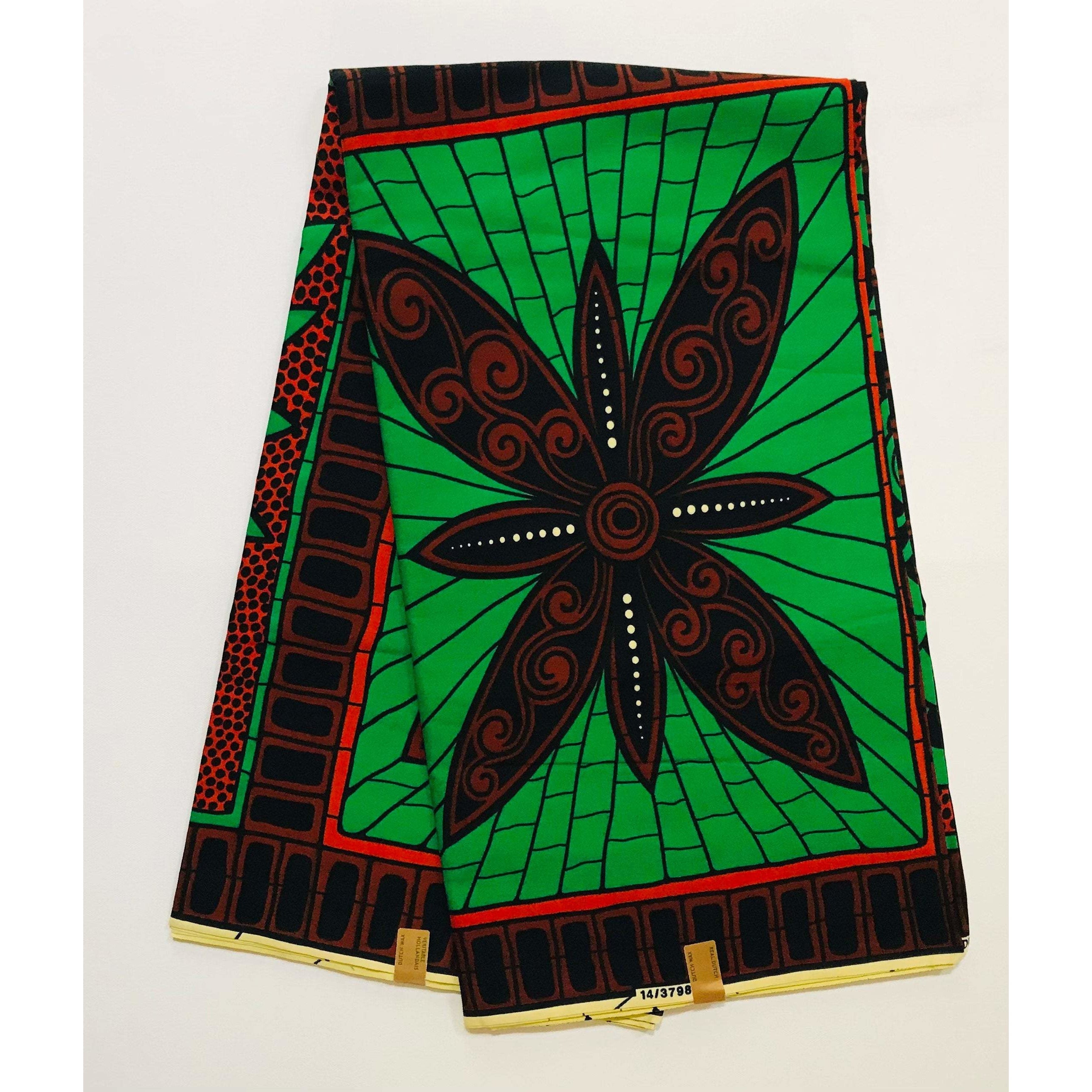 African Print Fabric/ Ankara - Green, Brown, Navy 'Snap & Bloom,' YARD or WHOLESALE