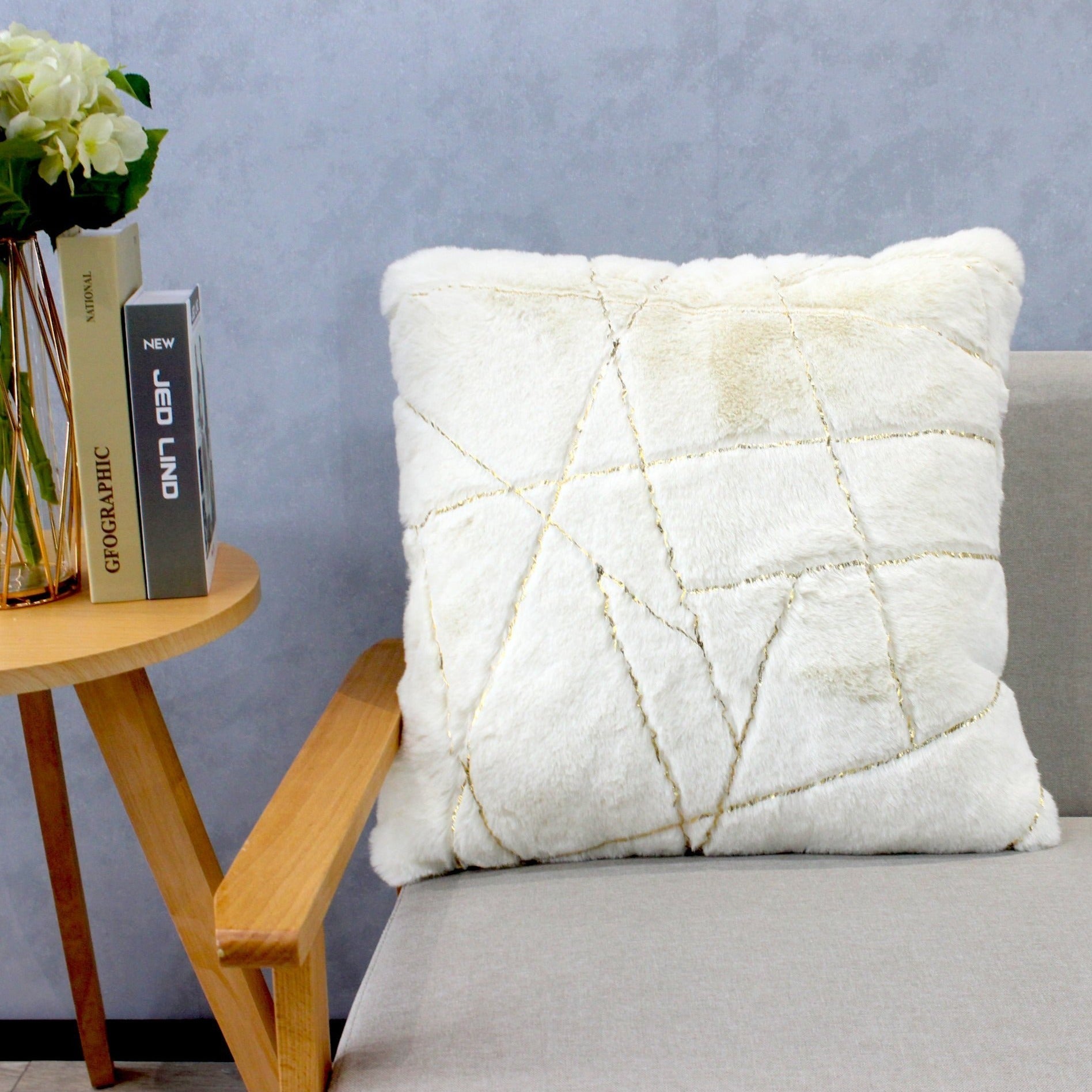 Golden Faux Fur Glow Fluffy Pillow with Shimmery Foil Illuminating Effect