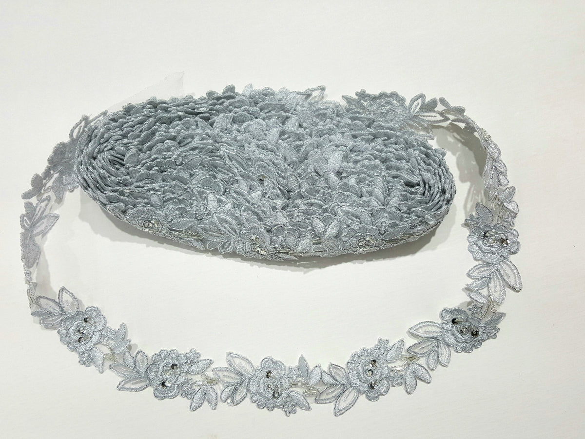 Beaded & Corded Lace Trimming Embroidered on 100% Polyester Organza or Net Mesh | Lace USA - 96279W-BP
