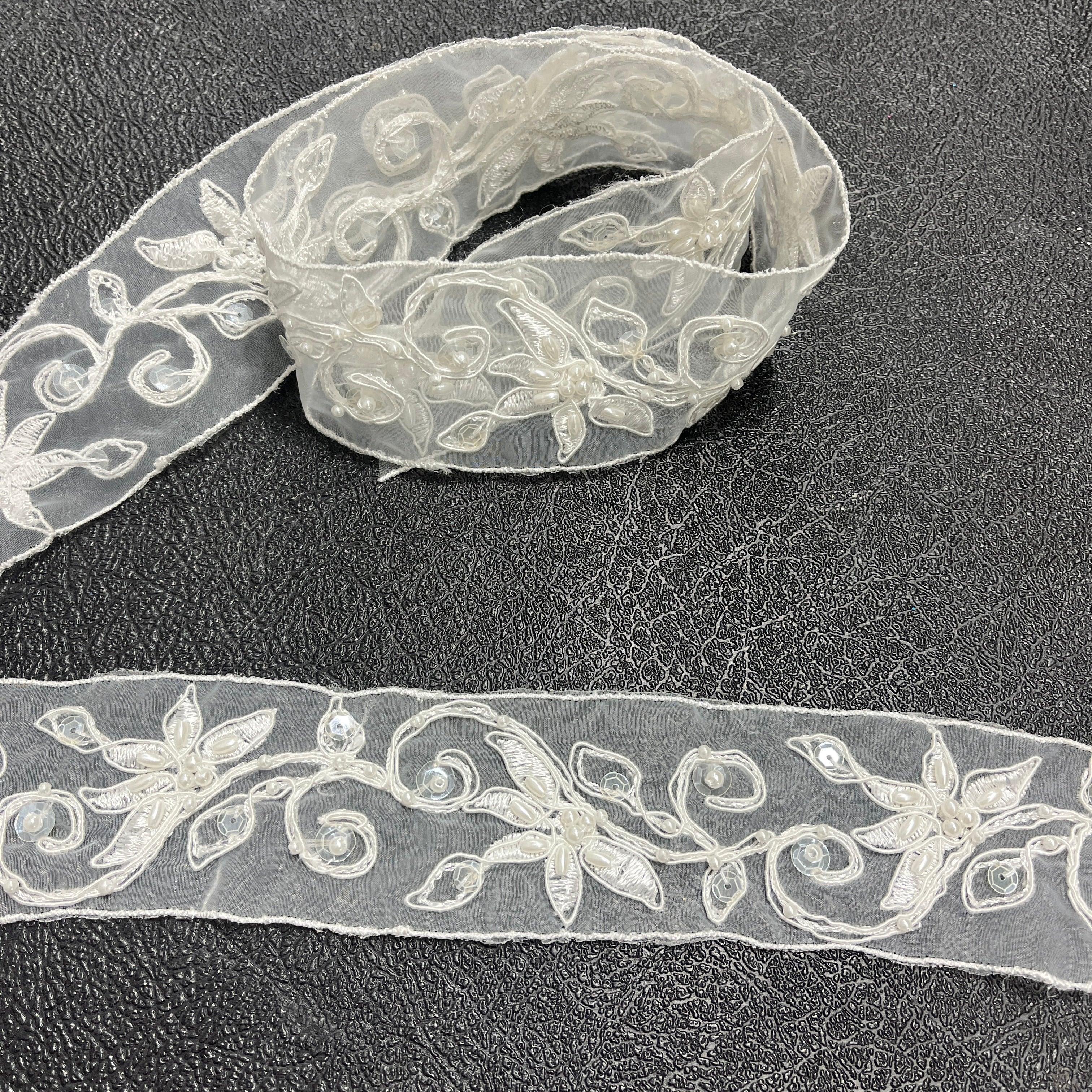 Beaded & Corded Lace Trimming Embroidered on 100% Polyester Net Mesh | Lace USA - 95128N-BPd