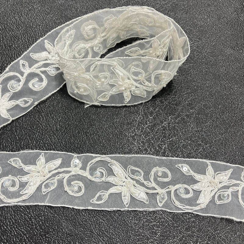 Beaded & Corded Lace Trimming Embroidered on 100% Polyester Organza | Lace USA - 95128N-BPd
