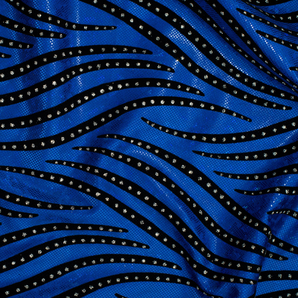 Zebra Flock on Shattered Holo Stretch Nylon Spandex Fabric | Spandex Palace