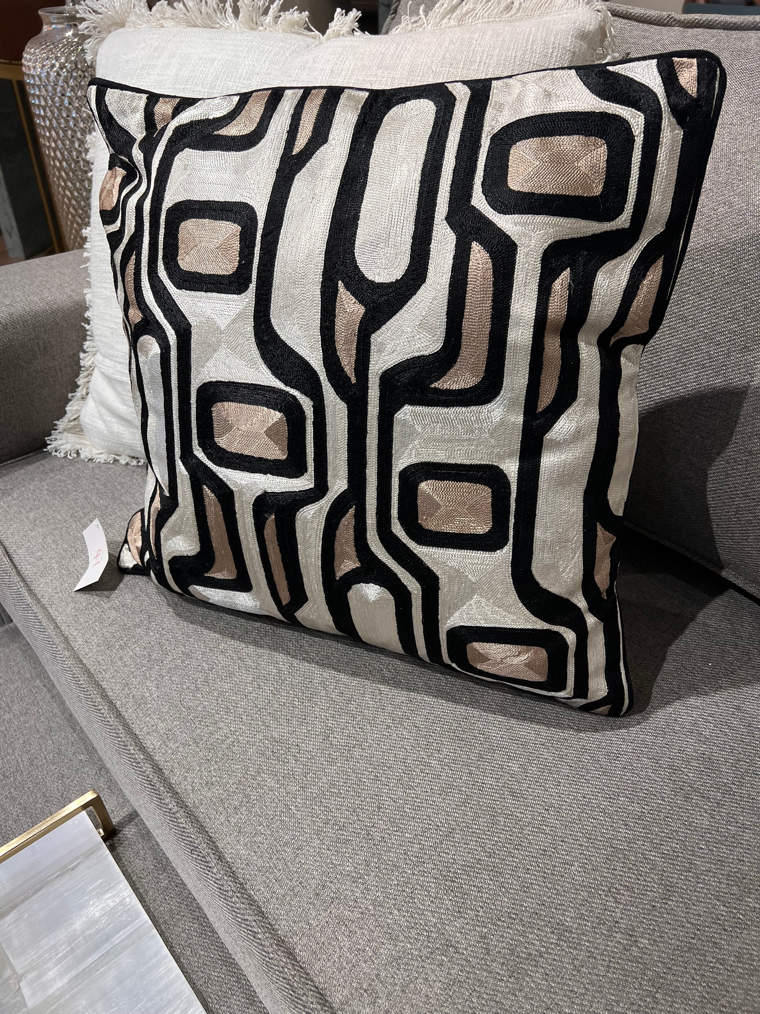 Black Velvet Pillow with Geometric Abstract Embroidery in Ivory, Bronze & Black - SEV004.