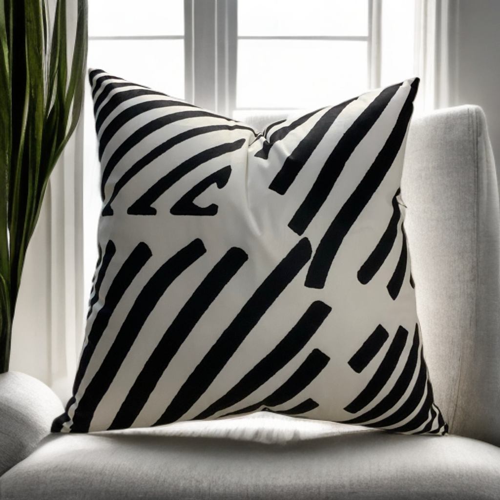 White Throw Pillow with Bold Black Velvet Geometric Design - VIVA019.