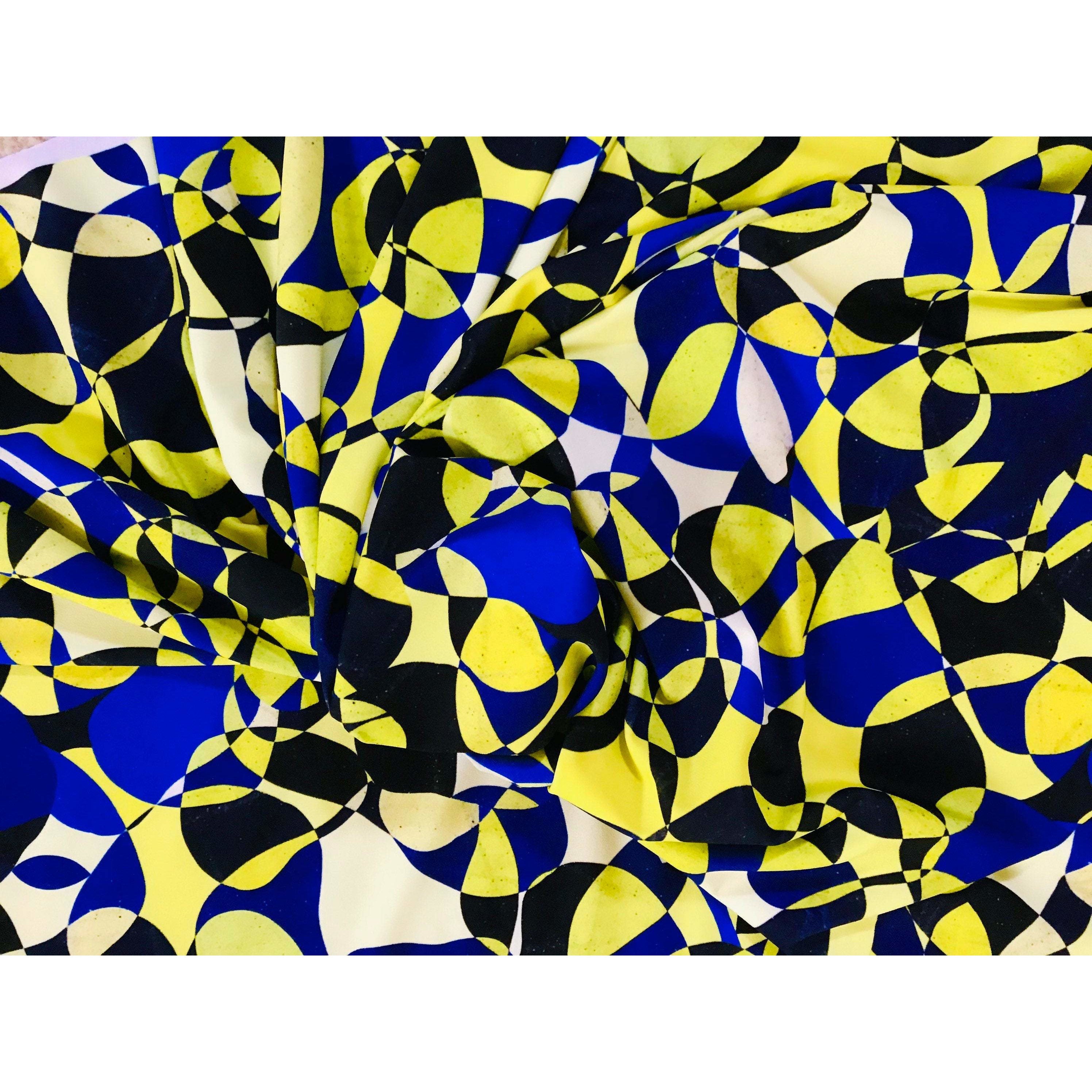 African Print, Elastic Knit Fabric - Yellow, Shades of Blue "Chiasoka", Per Yard