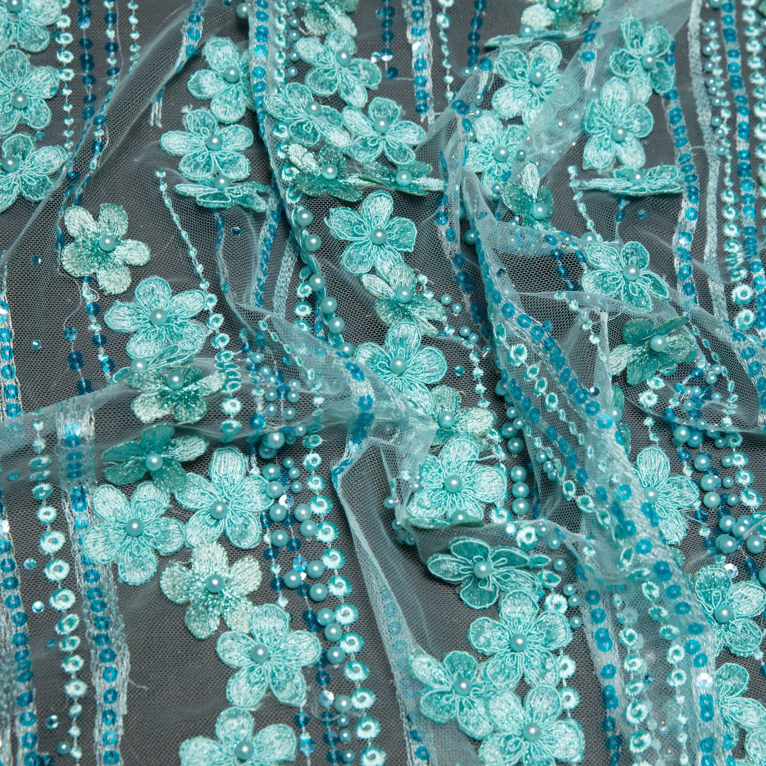 AQUA P/SOFT TULLE LACE FABRIC WITH SEQUINS AND APPLIQUE AND BEAUTIFUL 3D FLORAL DESIGN 52/54" WIDE | Exquisite Fabric