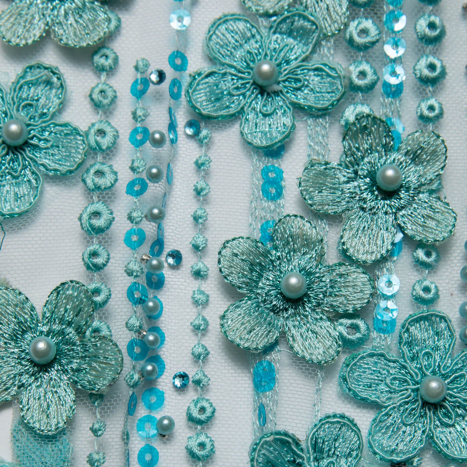 AQUA P/SOFT TULLE LACE FABRIC WITH SEQUINS AND APPLIQUE AND BEAUTIFUL 3D FLORAL DESIGN 52/54" WIDE | Exquisite Fabric