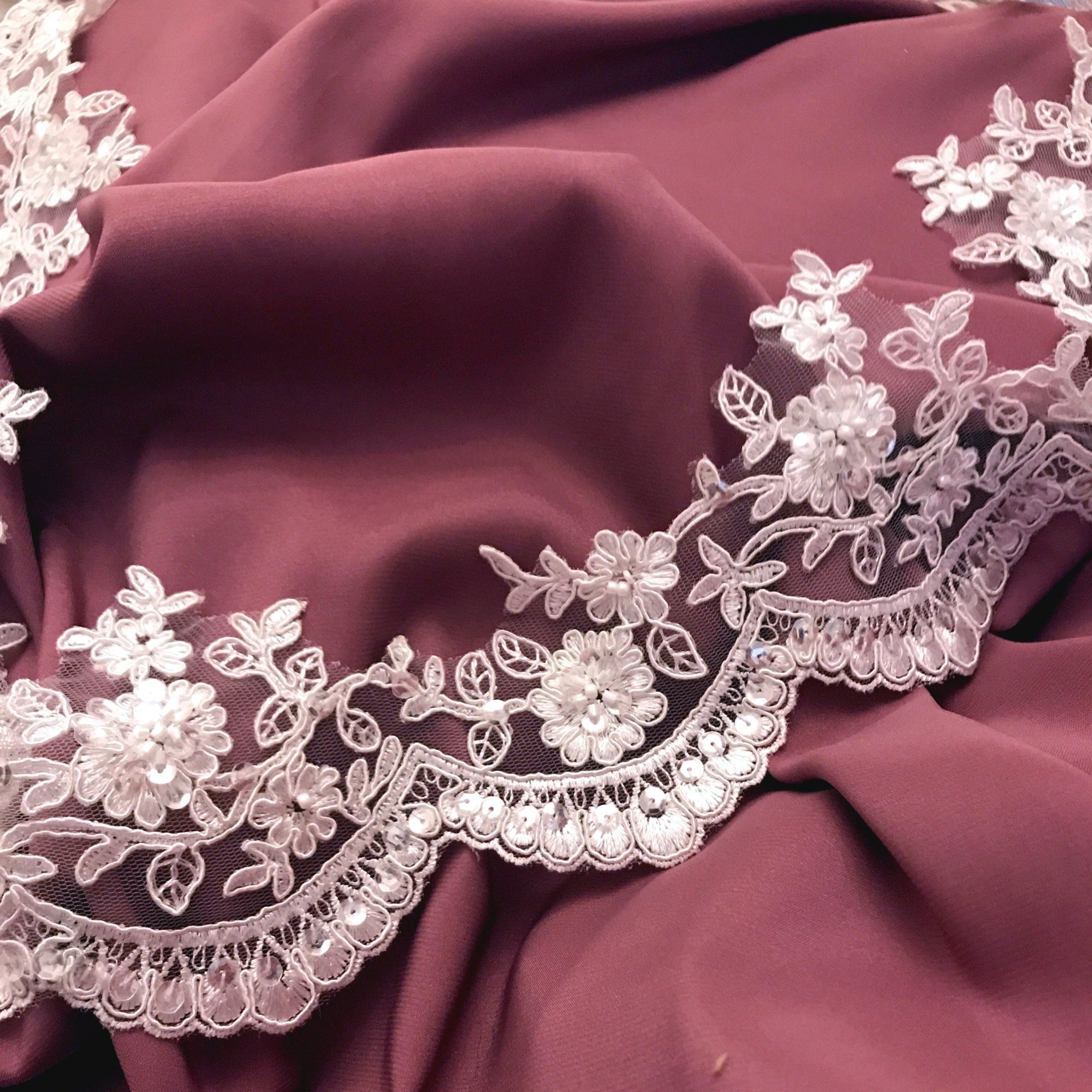 Beaded & Corded Floral scalloped Bridal Lace Trimming | Lace USA - 96215W-BP
