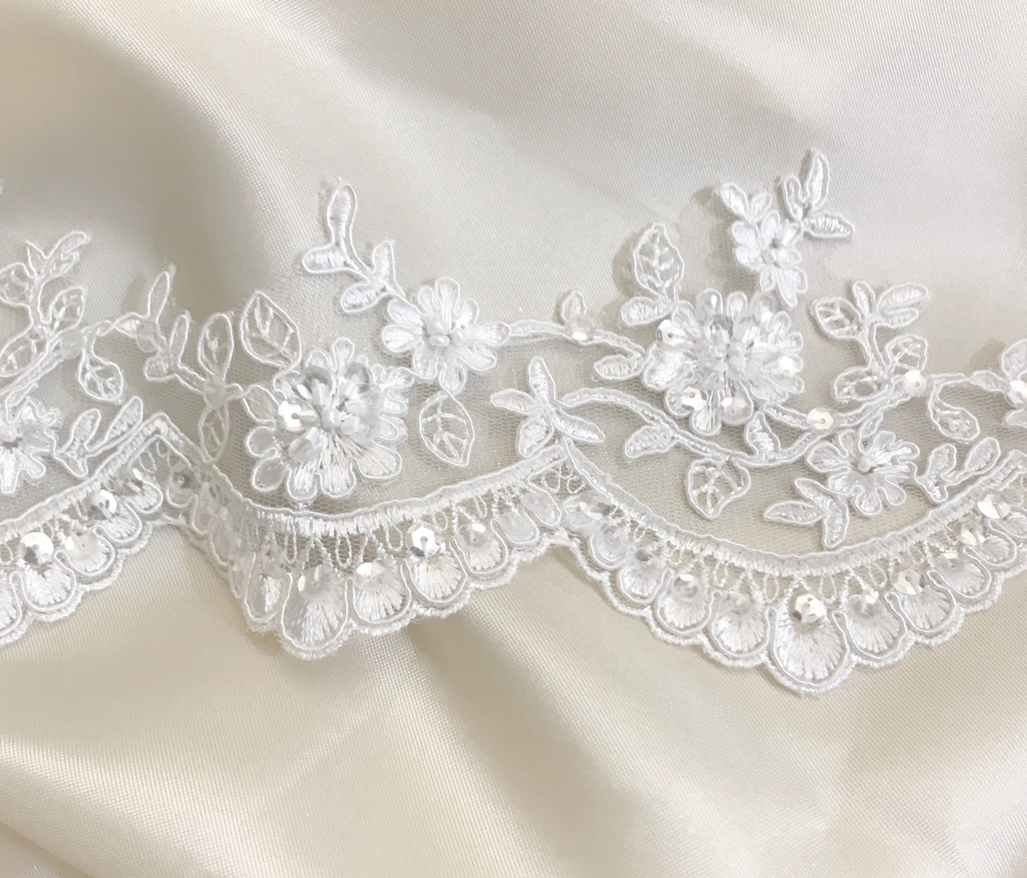 Beaded & Corded Floral scalloped Bridal Lace Trimming | Lace USA - 96215W-BP
