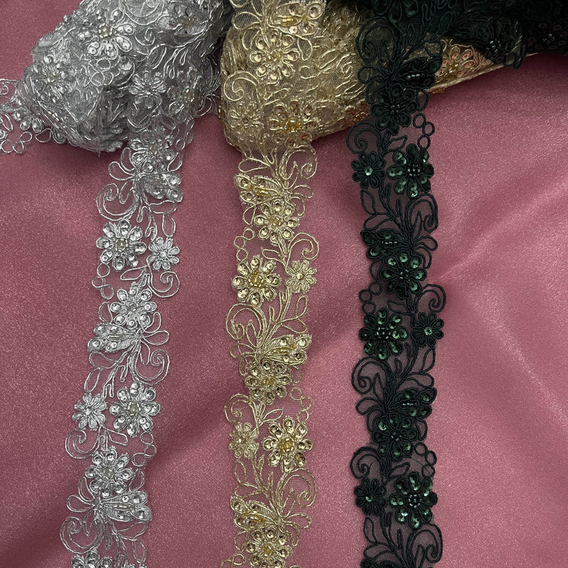 Beaded & Corded Lace Trimming Embroidered on 100% Polyester Net Mesh | Lace USA - 96283W-BP