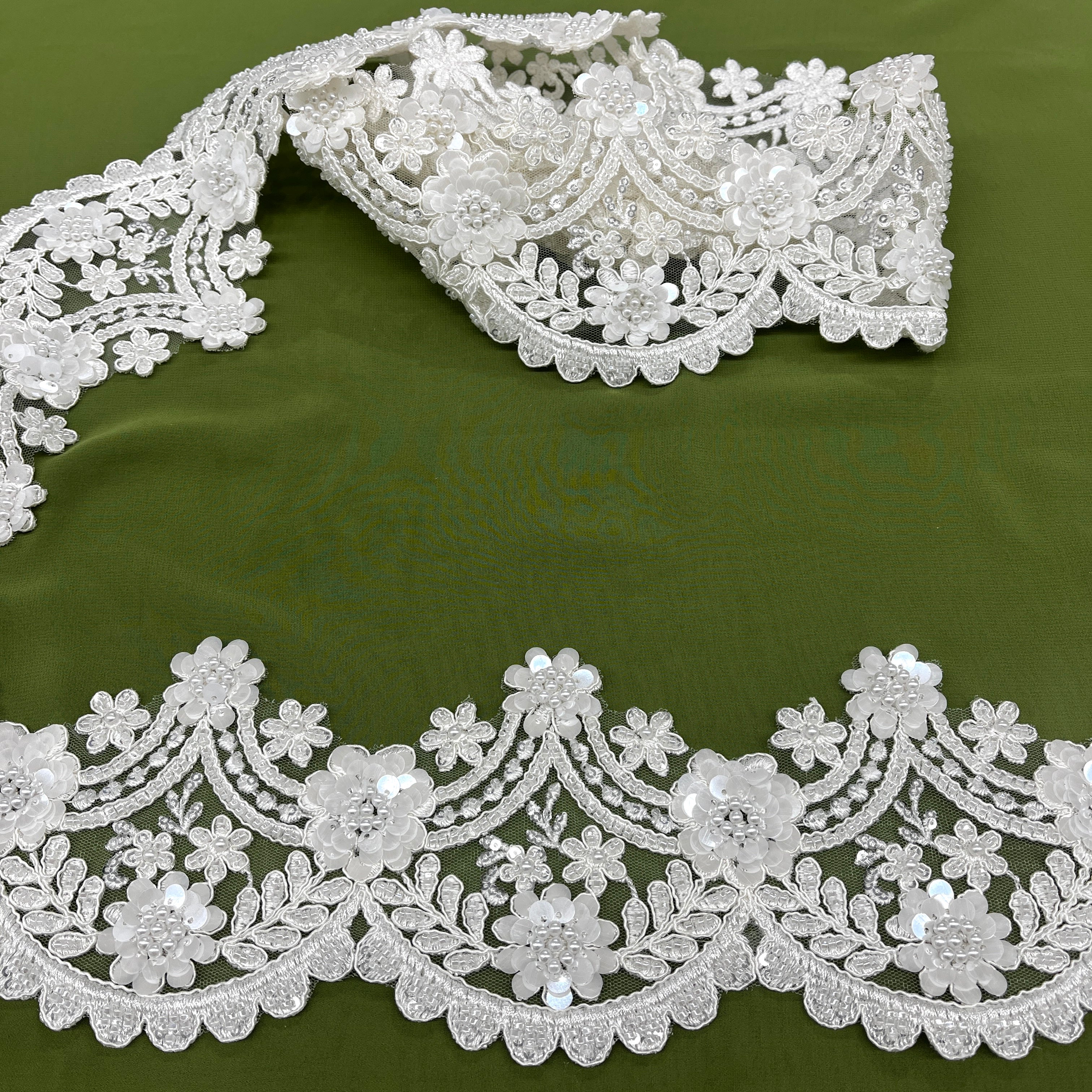 Beaded & Corded Floral Lace Trimming Embroidered on 100% Polyester Net Mesh | Lace USA - 97225W-HB