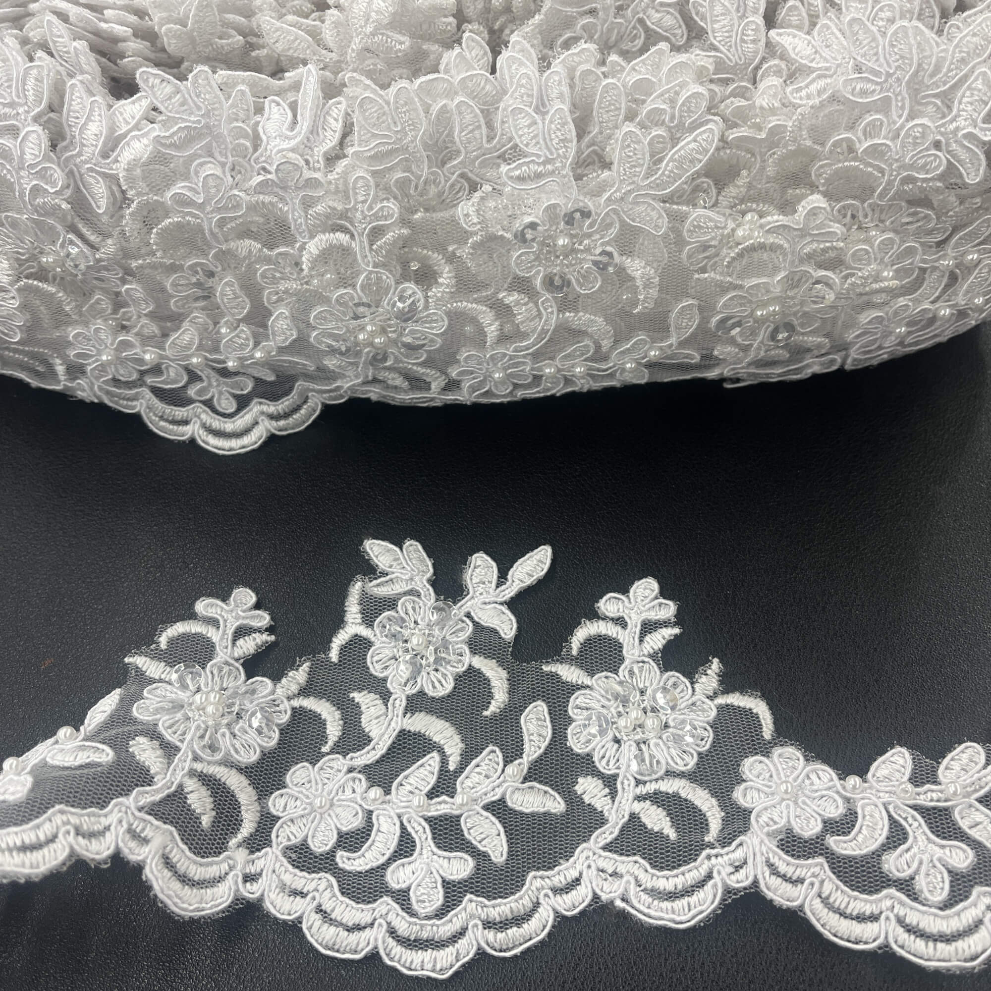 Beaded Corded Scalloped Lace Trim for Baptism, Christening, Bridal | Lace USA - 95914W-BP