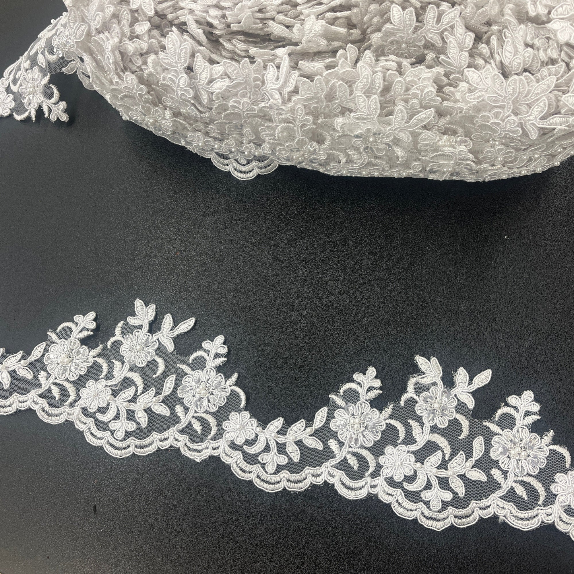 Beaded Corded Scalloped Lace Trim for Baptism, Christening, Bridal | Lace USA - 95914W-BP