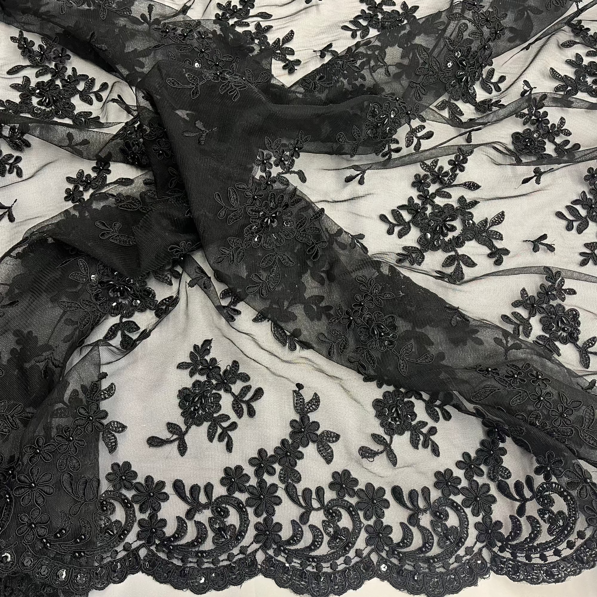 Beaded & Corded Lace Fabric – Floral Design with Scalloped Edges | Lace USA - 91436W-BP