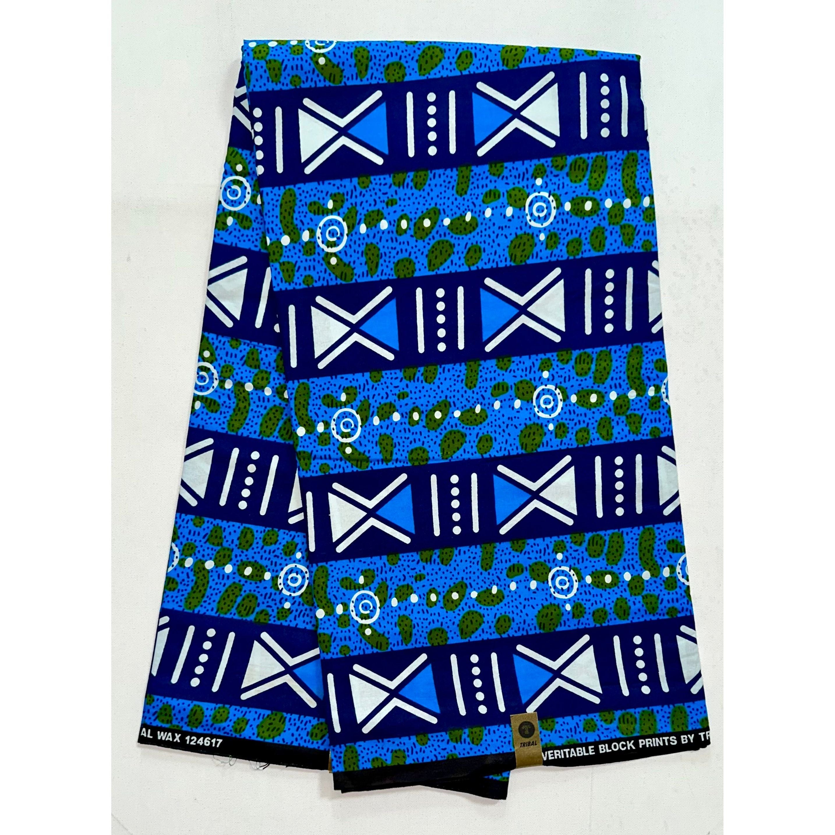 African Print Fabric/ Ankara - Shades of Blue, Green, White "Tarkwa Symbolism", YARD or WHOLESALE