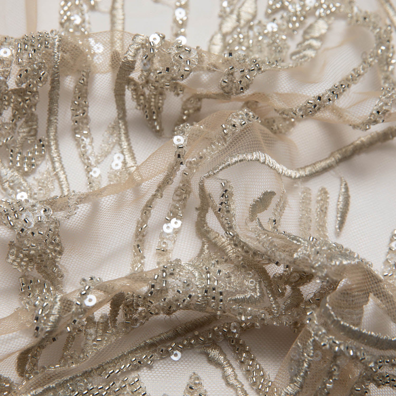 Champagne P/SOFT TULLE LACE FABRIC COM EMBROIDERED AND SEQUINED WITH BEAUTIFUL ELEGANT DESIGN 52" WIDE | Exquisite Fabric