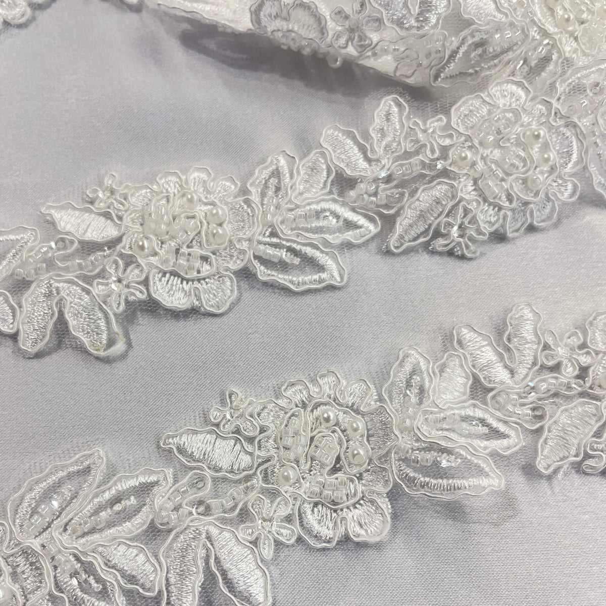 Beaded & Corded Lace Trimming Embroidered on 100% Polyester Organza or Net Mesh | Lace USA - 96279W-BP