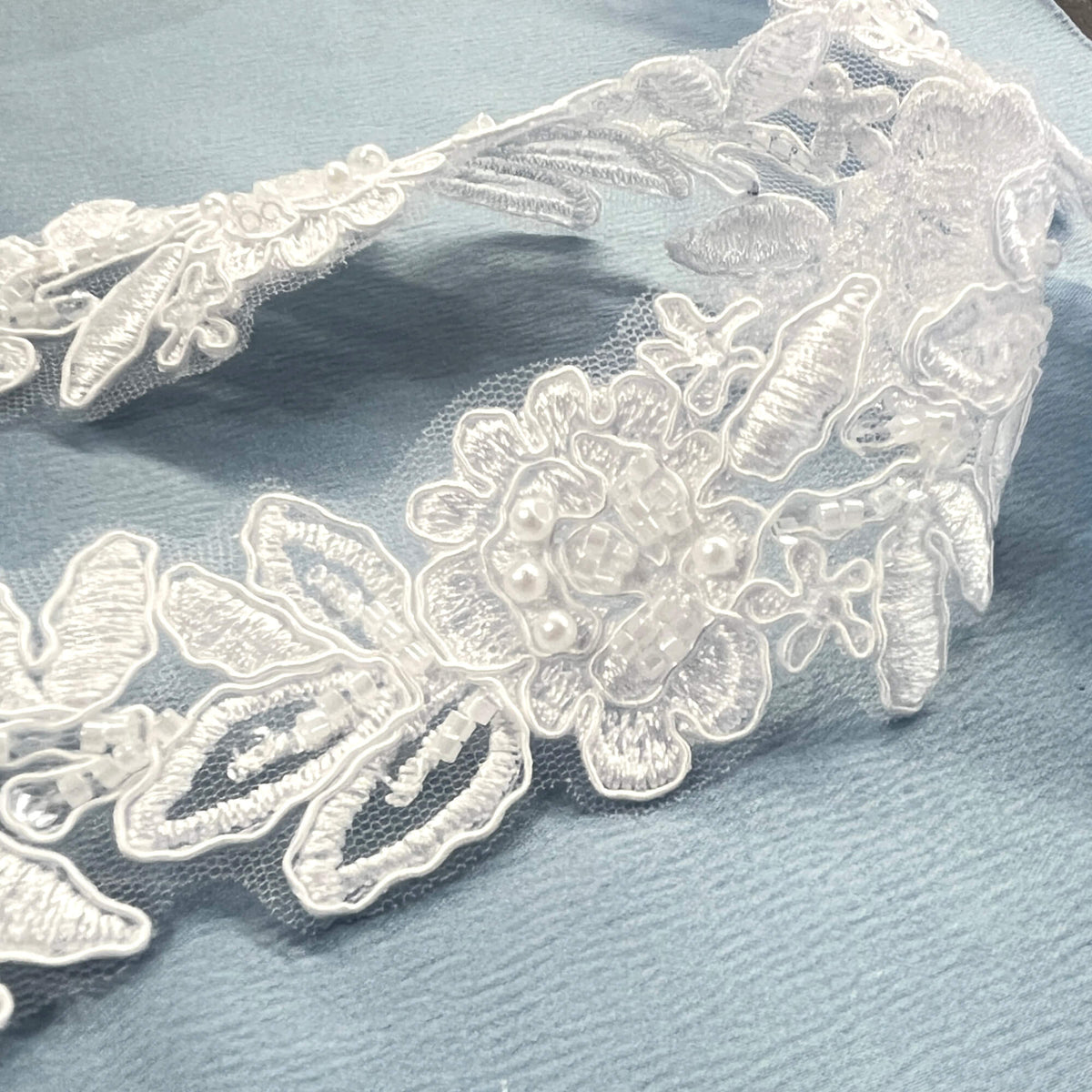 Beaded & Corded Lace Trimming Embroidered on 100% Polyester Organza or Net Mesh | Lace USA - 96279W-BP