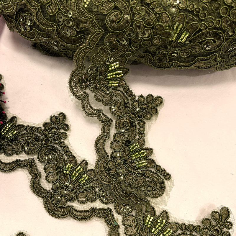 Beaded & Corded Lace Trimming Embroidered on 100% Polyester Net Mesh | Lace USA - KZ-34W-HB