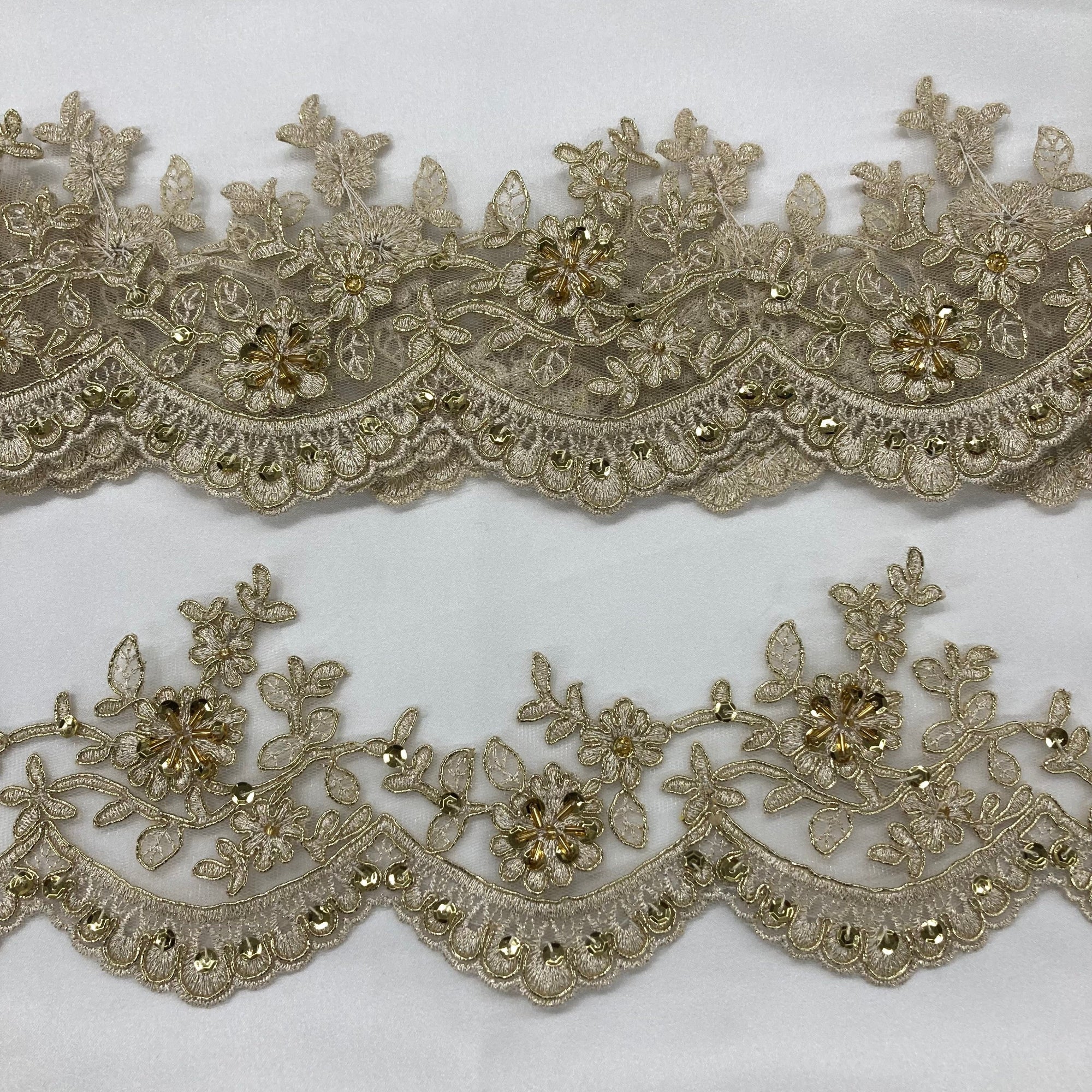 Beaded & Corded Floral scalloped Bridal Lace Trimming | Lace USA - 96215W-BP
