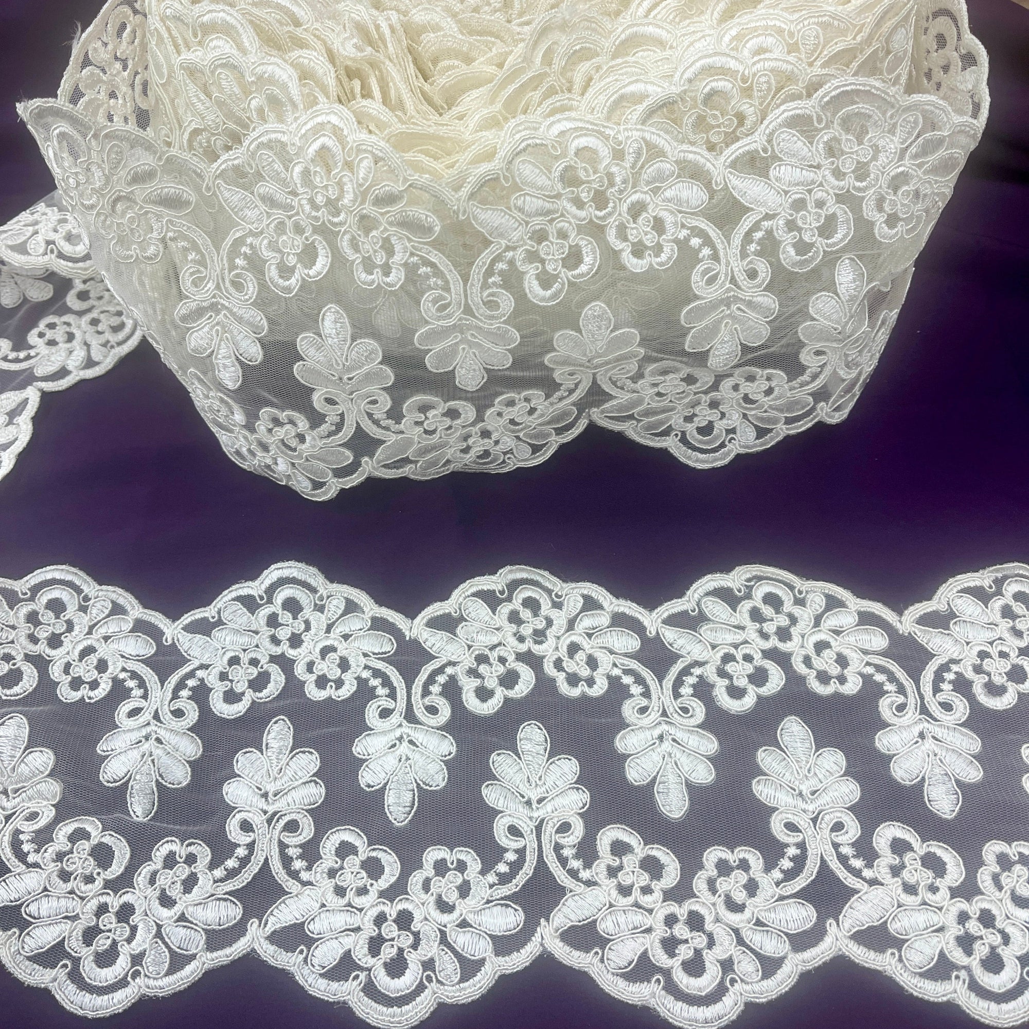 Double-Sided Floral Corded Lace Trim with Scalloped Edge – 6" Wide | Lace USA - 95967W/2