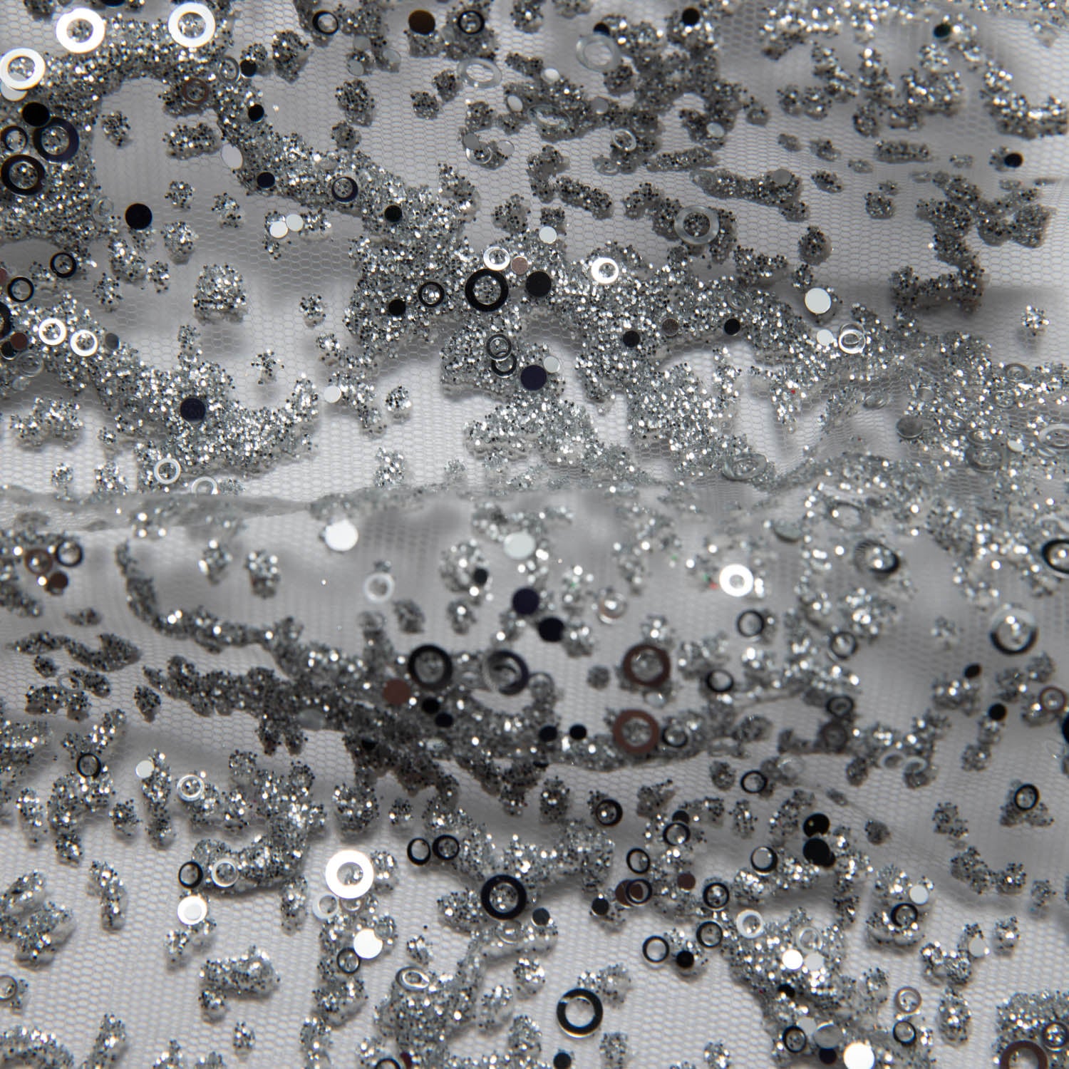 DARK SILVER P/SOFT LACE FABRIC GLITTER 56/58" WIDE | Exquisite Fabric