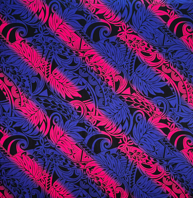Diagonal Traditional Tattoo Gradient design with Tropical Leaves Rayon Poplin Fabric | Islands Fabric