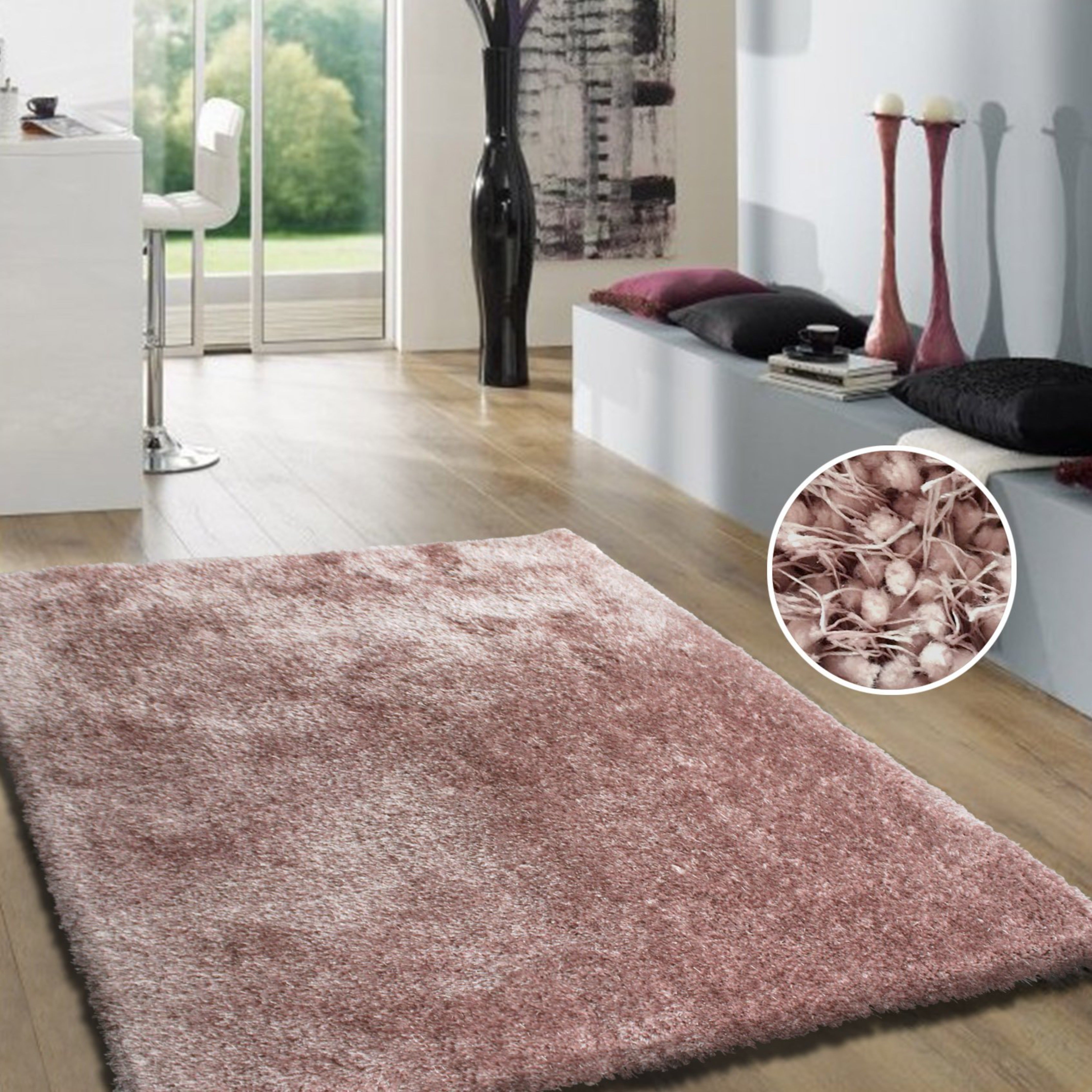 Pale Or Dusty Pink Solid Shag Area Rug/Carpet - Crafted from 100% Polyester, Plush Fluffy Shine, Thick and Thin Yarns Design