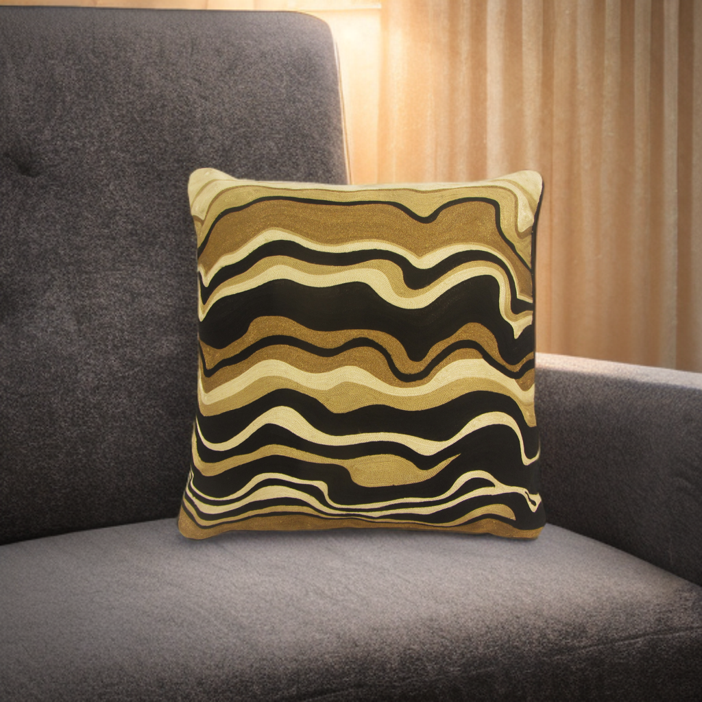 Black Velvet Throw Pillow with Bronze, Black, Beige & Ivory Abstract Embroidery - SEV005.