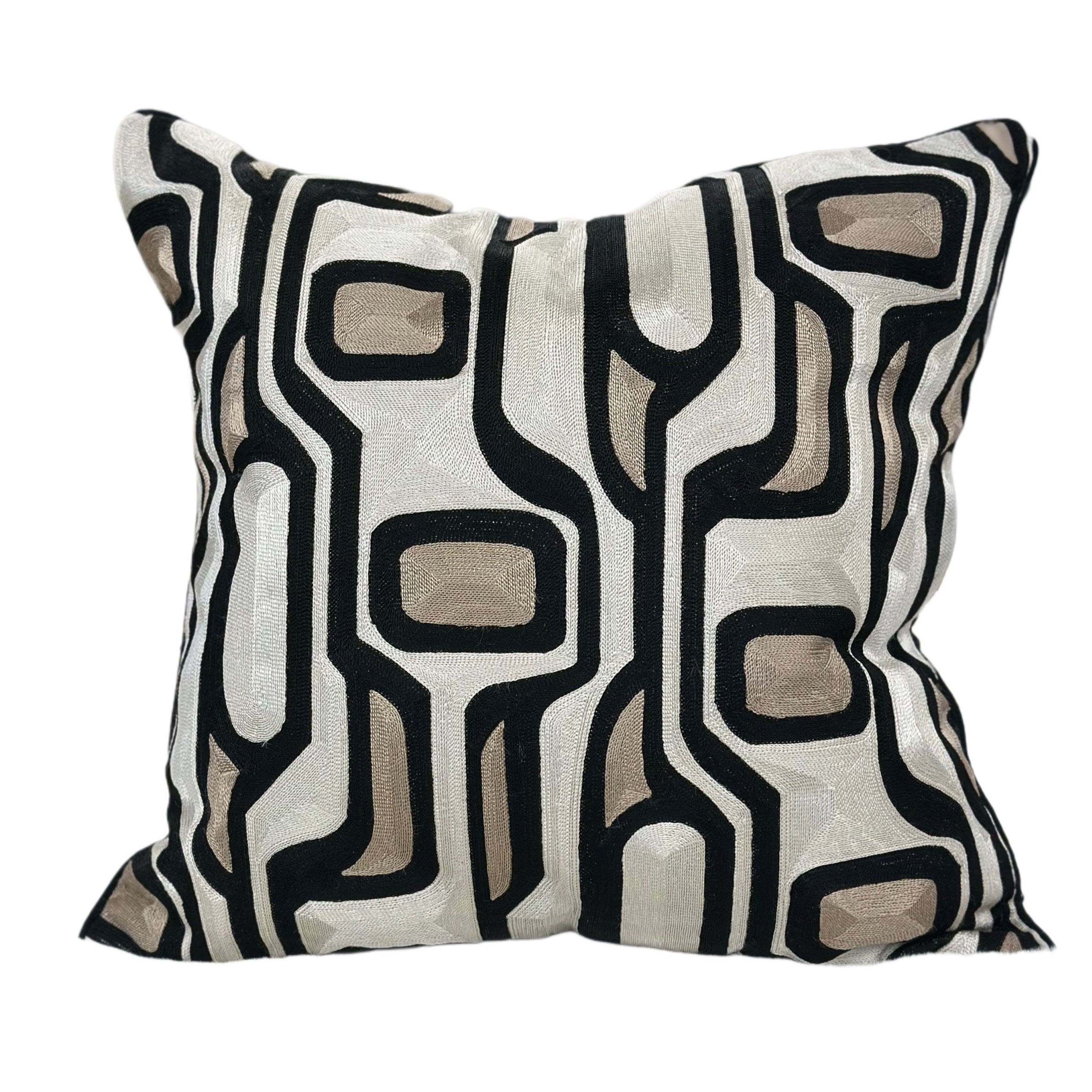 Black Velvet Pillow with Geometric Abstract Embroidery in Ivory, Bronze & Black - SEV004.